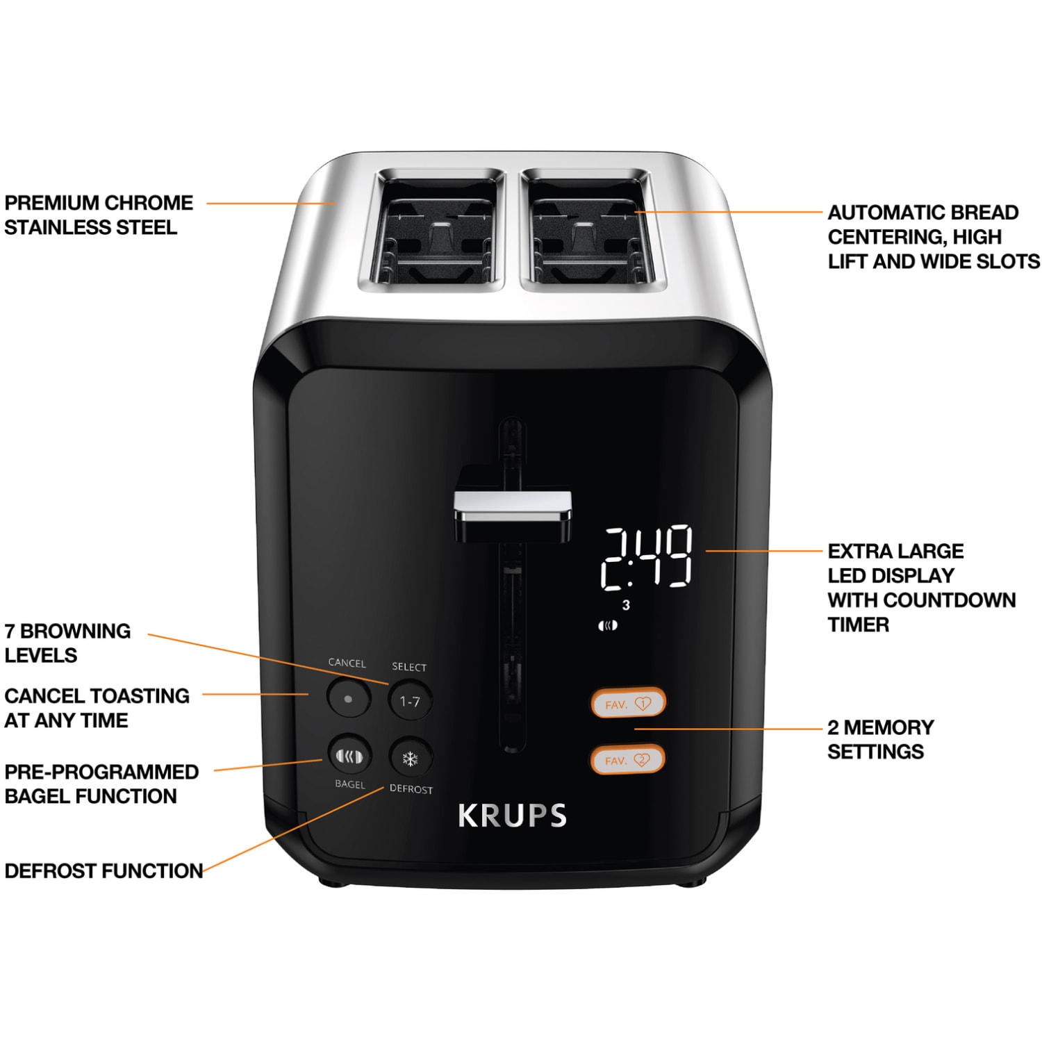 Krups My Memory Digital 2-Slot Toaster, 11-5/8inH x 7-1/8inW x 10-7/8inD, Silver/Black - Image 6