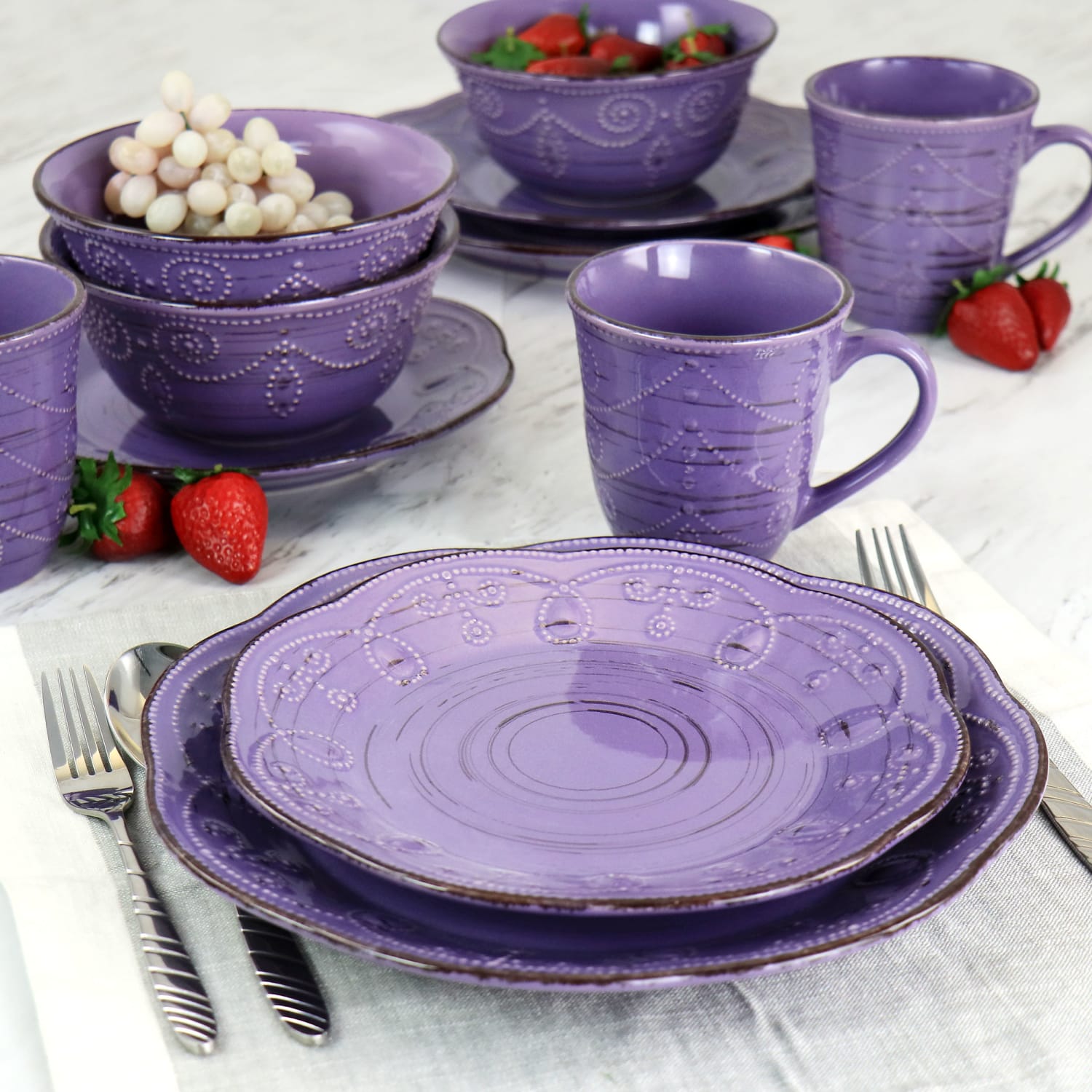 Elama Rustic Birch 16-Piece Stoneware Dinnerware Set,  Purple - Image 3
