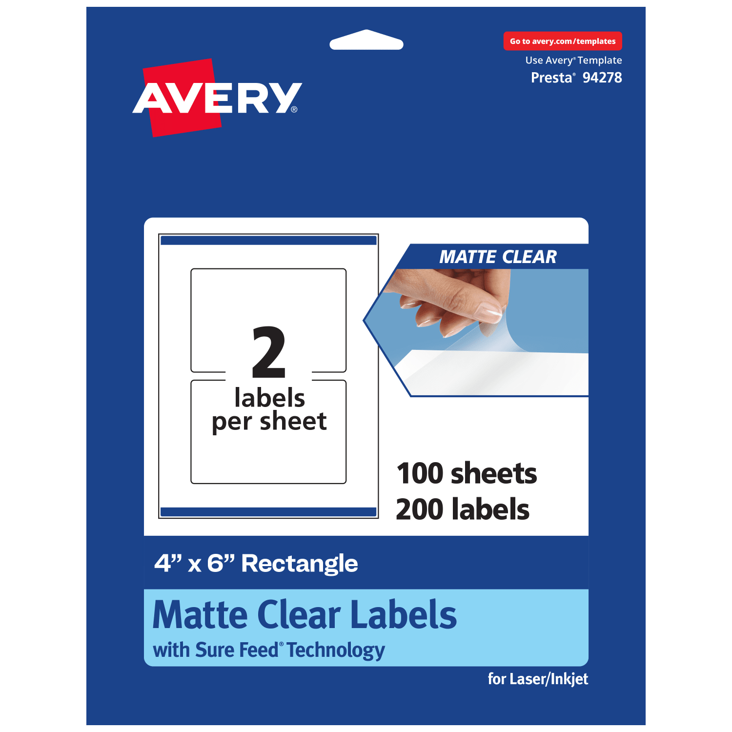 Avery Permanent Labels With Sure Feed, 94278-CMF100, Rectangle, 4in x 6in, Matte Clear, Pack Of 200