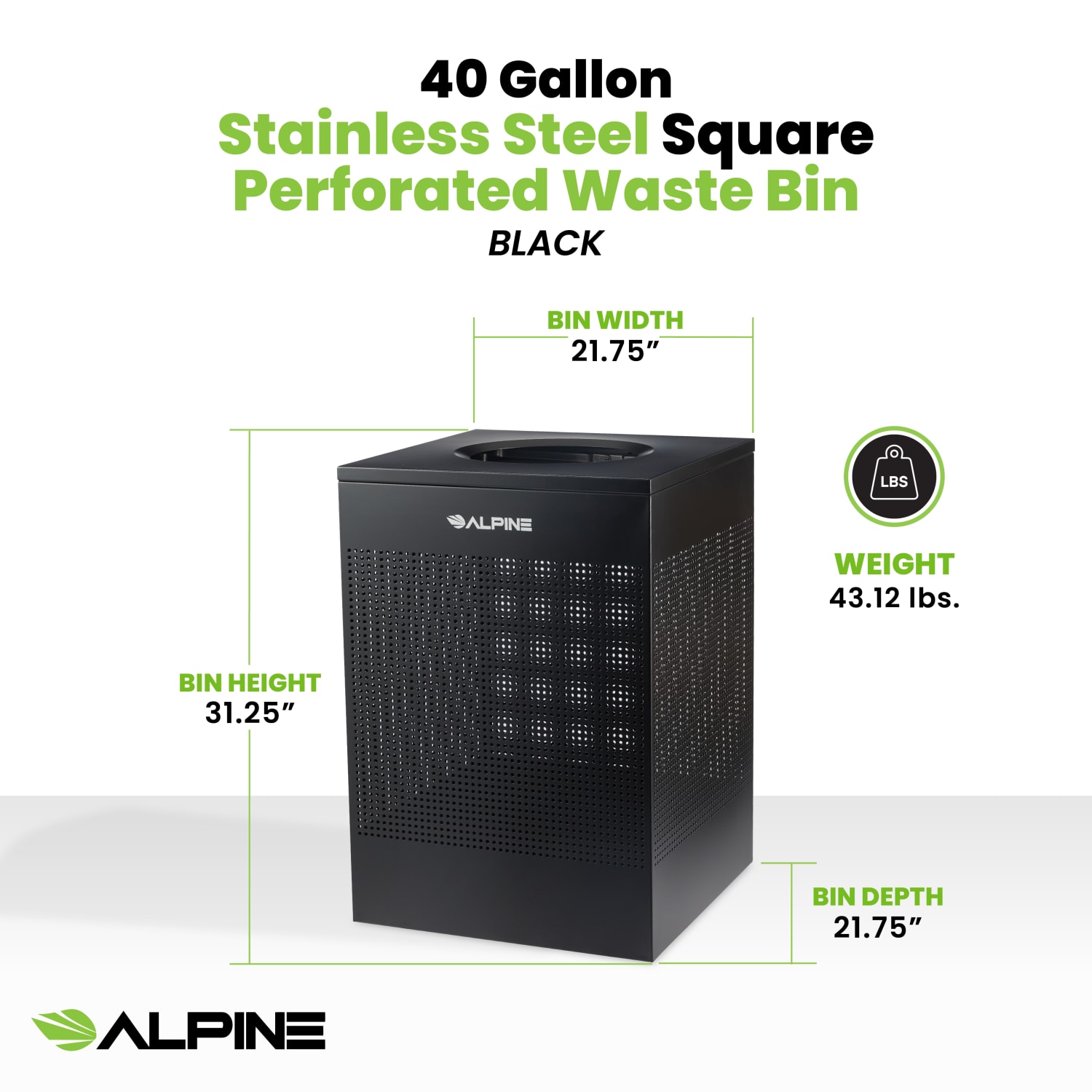 Alpine Industries Steel, Indoor Trash Can, 40 Gallons (151 liters), Black (438-40-BLK) - Image 3