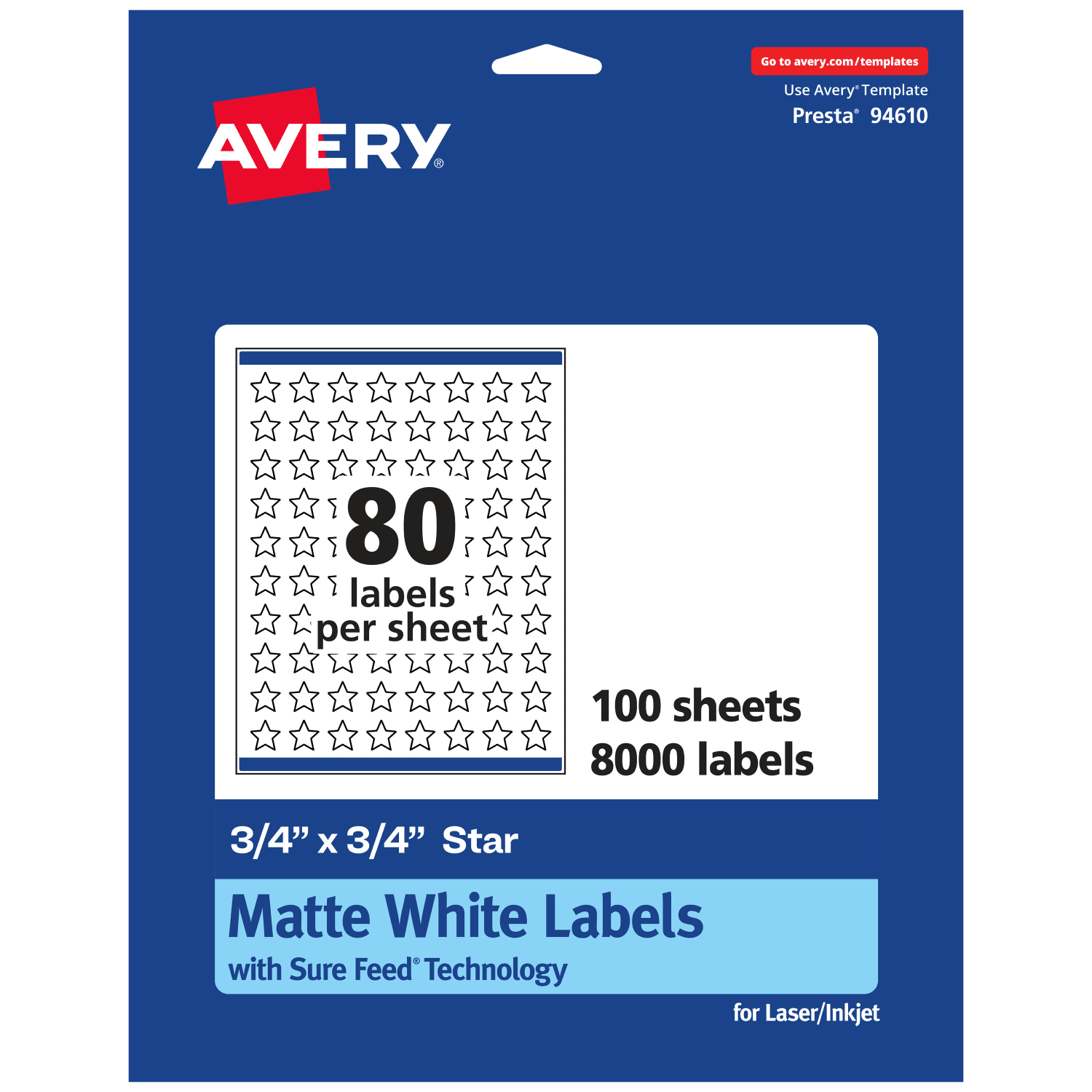 Avery Permanent Labels With Sure Feed, 94610-WMP100, Star, 3/4in x 3/4in, White, Pack Of 8,000