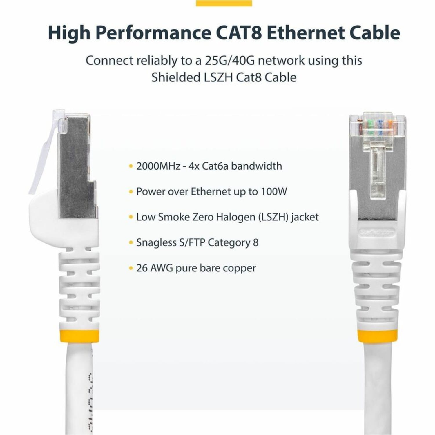 StarTech.com 3ft White CAT8 Ethernet Cable, Snagless RJ45, 25G/40G 2000MHz, 100W PoE, S/FTP, 26AWG Pure Bare Copper, LSZH Network Patch Cord - Image 3