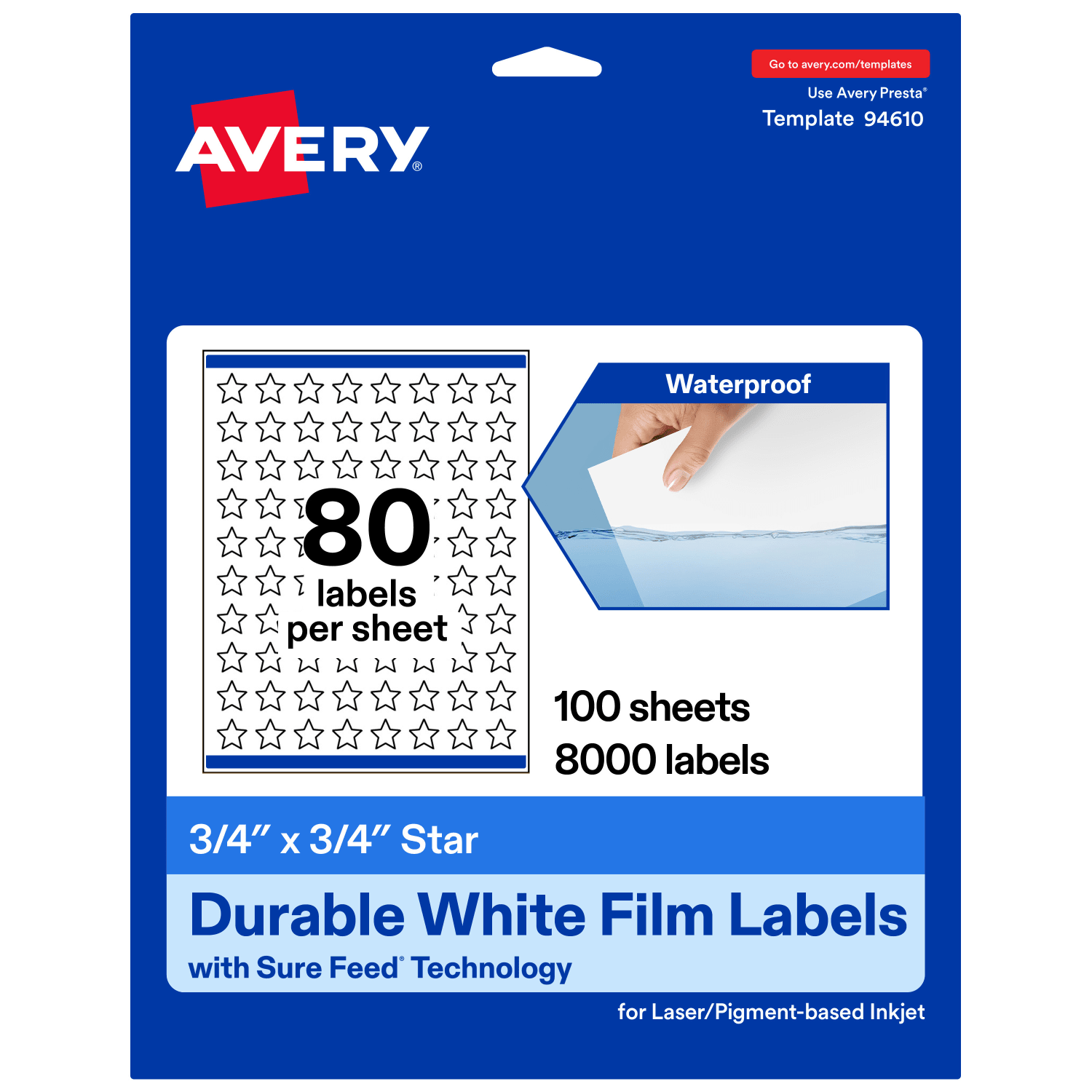 Avery Waterproof Permanent Labels With Sure Feed, 94610-WMF100, Star, 3/4in x 3/4in, White, Pack Of 8,000