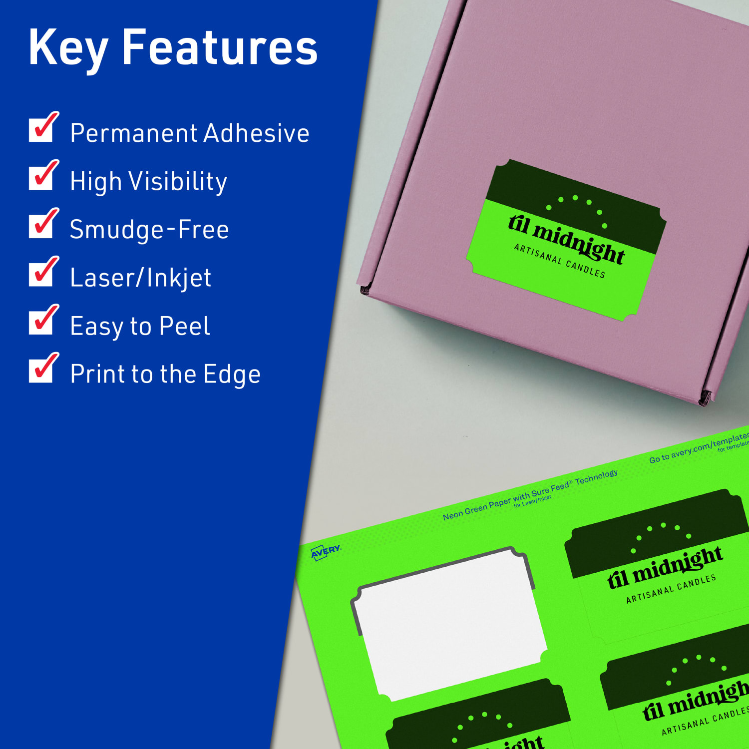 Avery Print-To-The-Edge Labels With Sure Feed Technology, 94267-NGP20, Rectangle Scalloped, 2in x 3in, Matte Neon Green, Pack of 160 - Image 3