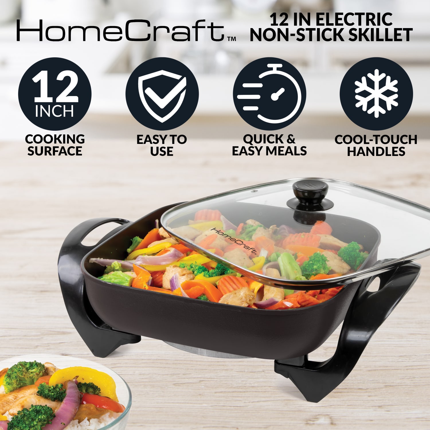 Nostalgia Electrics HomeCraft Electric Nonstick Skillet, 12in, Black - Image 3