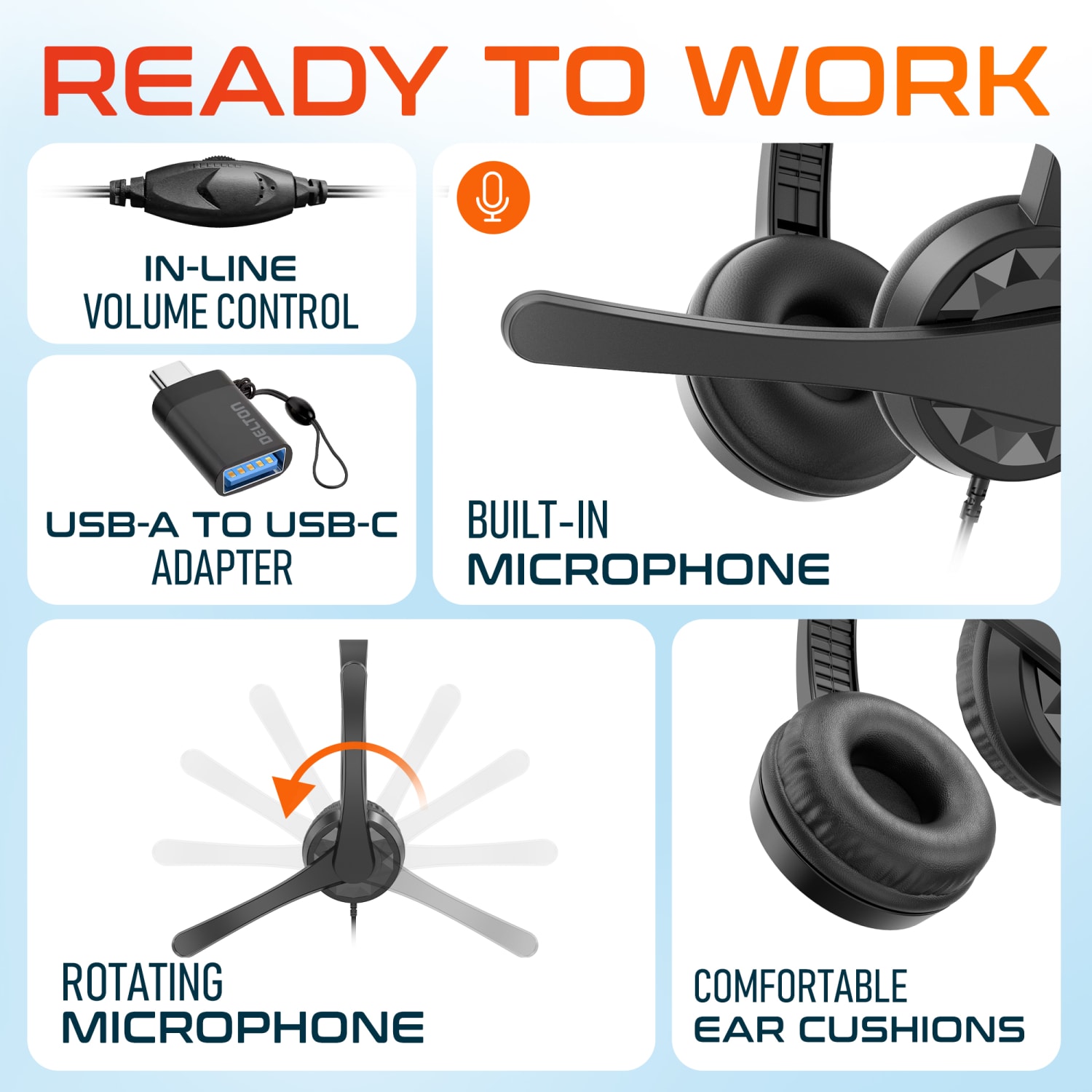 Delton 12Y Stereo On-Ear USB Type-A Headset, Black - Image 6