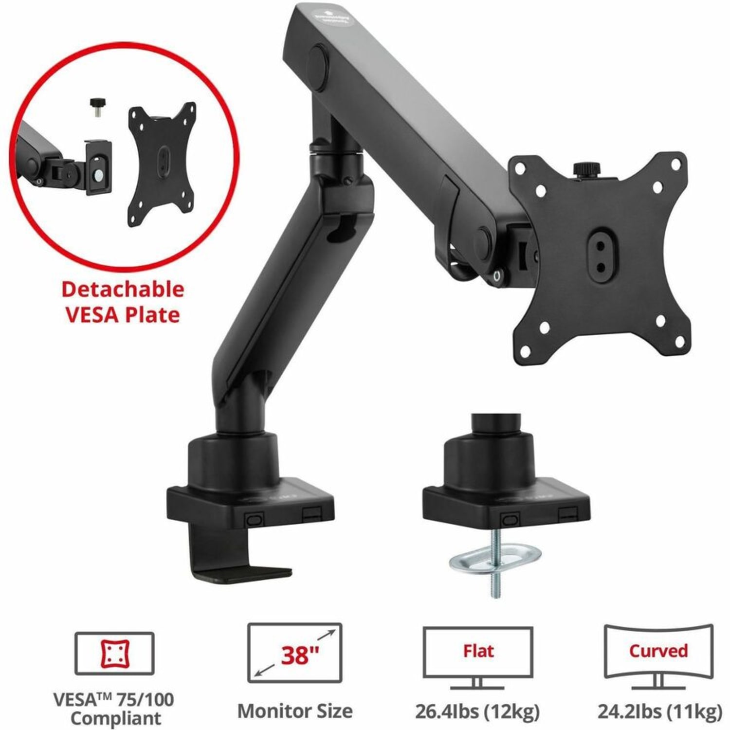 Aluminum Mechanical Spring Single Monitor Arm Mount - 17in to 32in - Max Load 17.6 lbs - Supports Up to 17.6lbs, C-clamp and Grommet, Detachable VESA Plate, Cable Management, Full-motion Adjustment, VESA 75x75 & 100x100 - Image 4