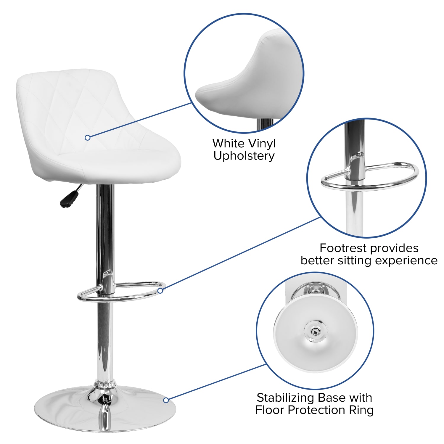 Flash Furniture Contemporary Vinyl Bucket Seat Adjustable Height Barstool with Diamond Pattern Back and Chrome Base White PopularChairscom