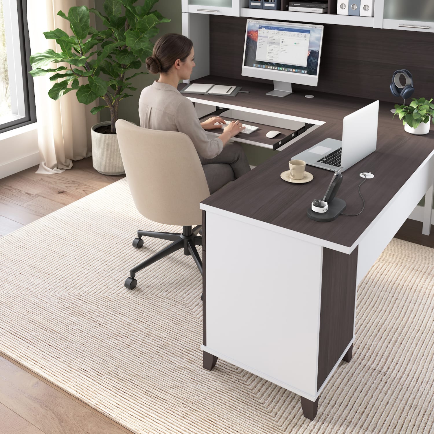 Bush Furniture Somerset 72inW L-Shaped Desk With Hutch, Storm Gray/White, Standard Delivery - Image 4
