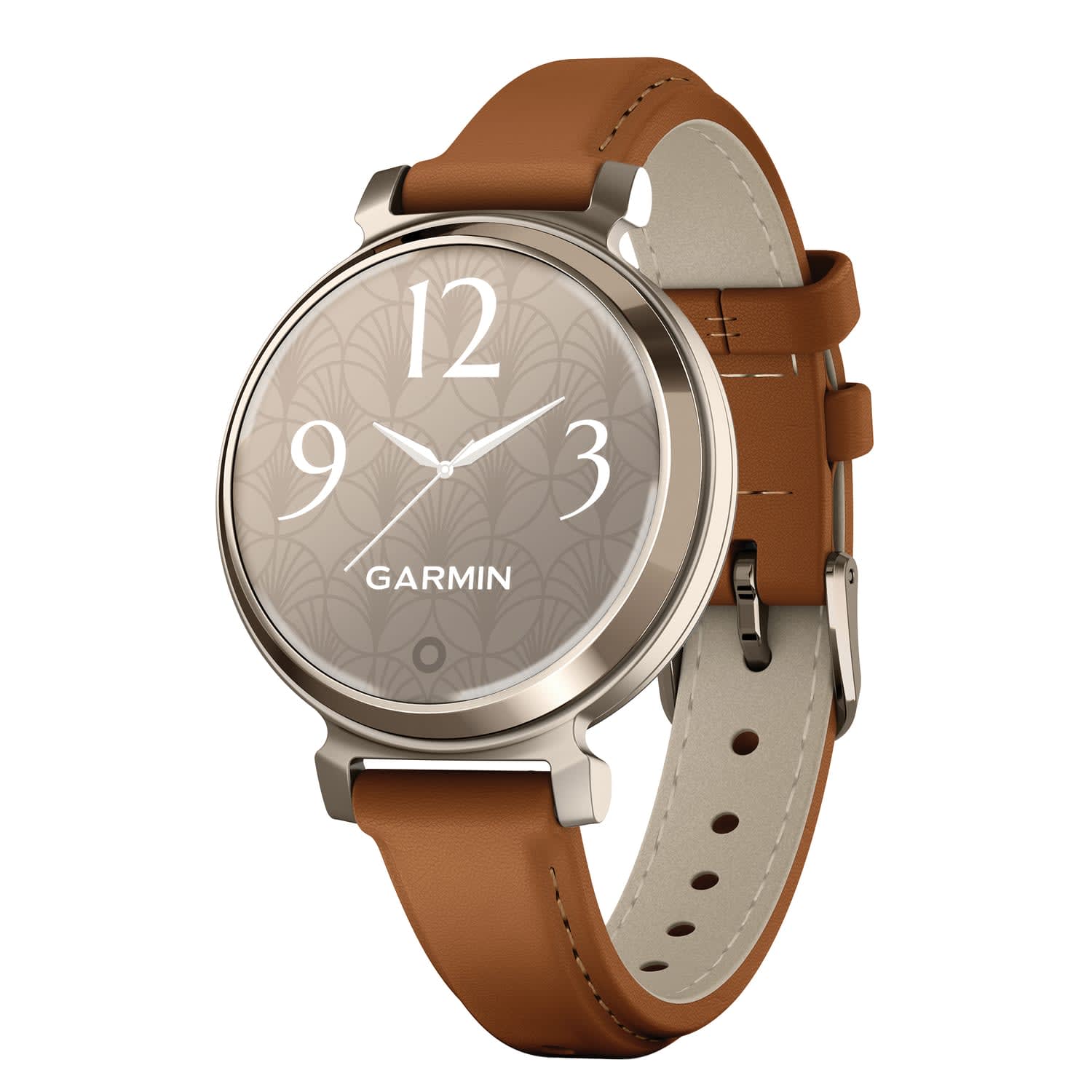 Garmin Lily 2 Classic Health And Fitness Smartwatch With Anodized Aluminum Bezel/Case And Leather Band, Cream Gold