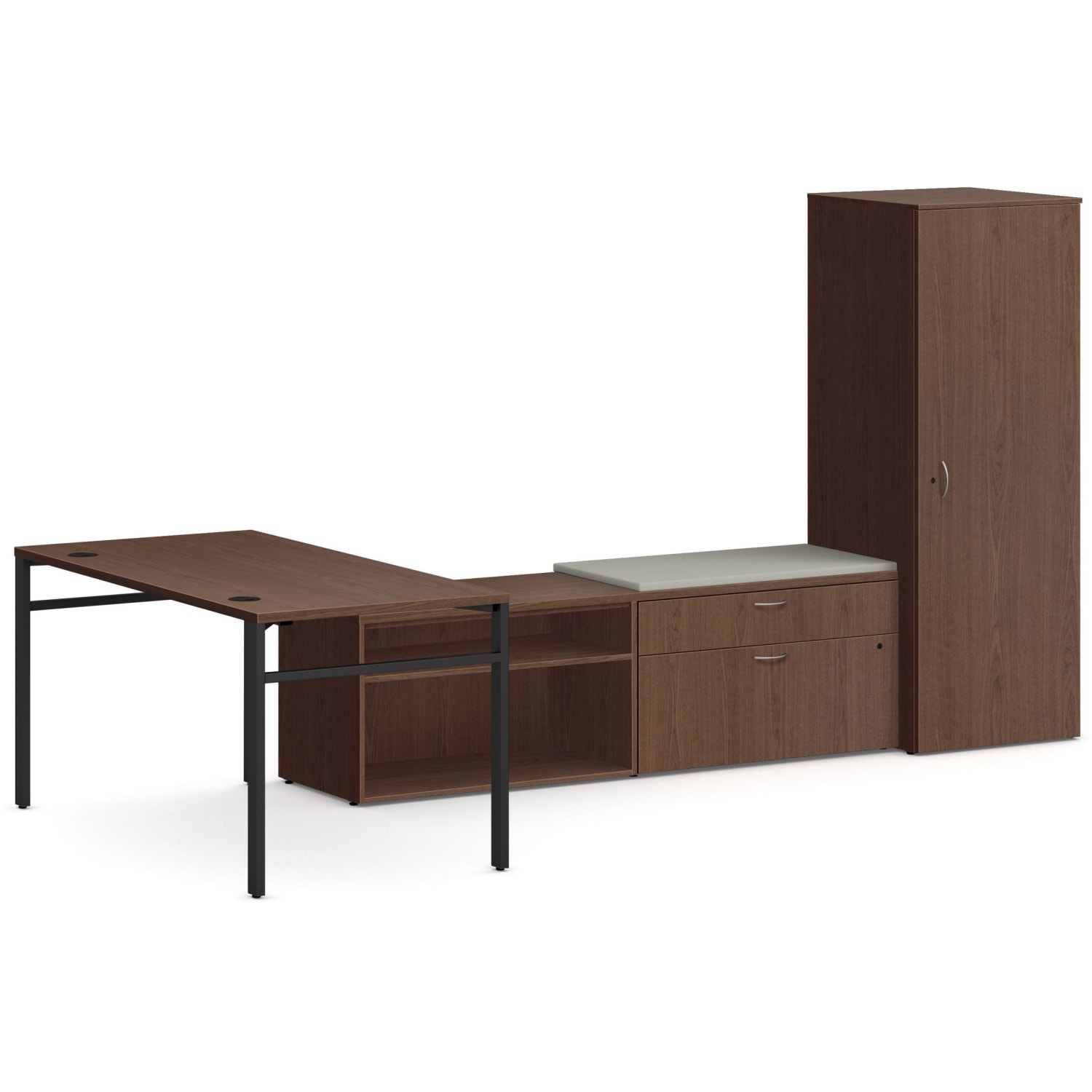 HON Mod 60inW L-Station Computer Desk With Storage, Sepia Walnut/Cool Neutral/Black