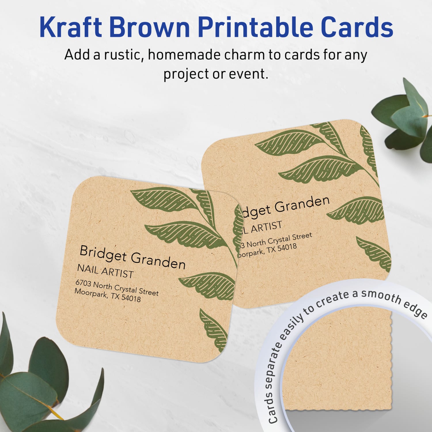 Avery Printable Rounded Corner Business Cards With Sure Feed Technology, Print-To-The-Edge, 2.5inx2.5in, Kraft Brown, Pack Of 225 - Image 3
