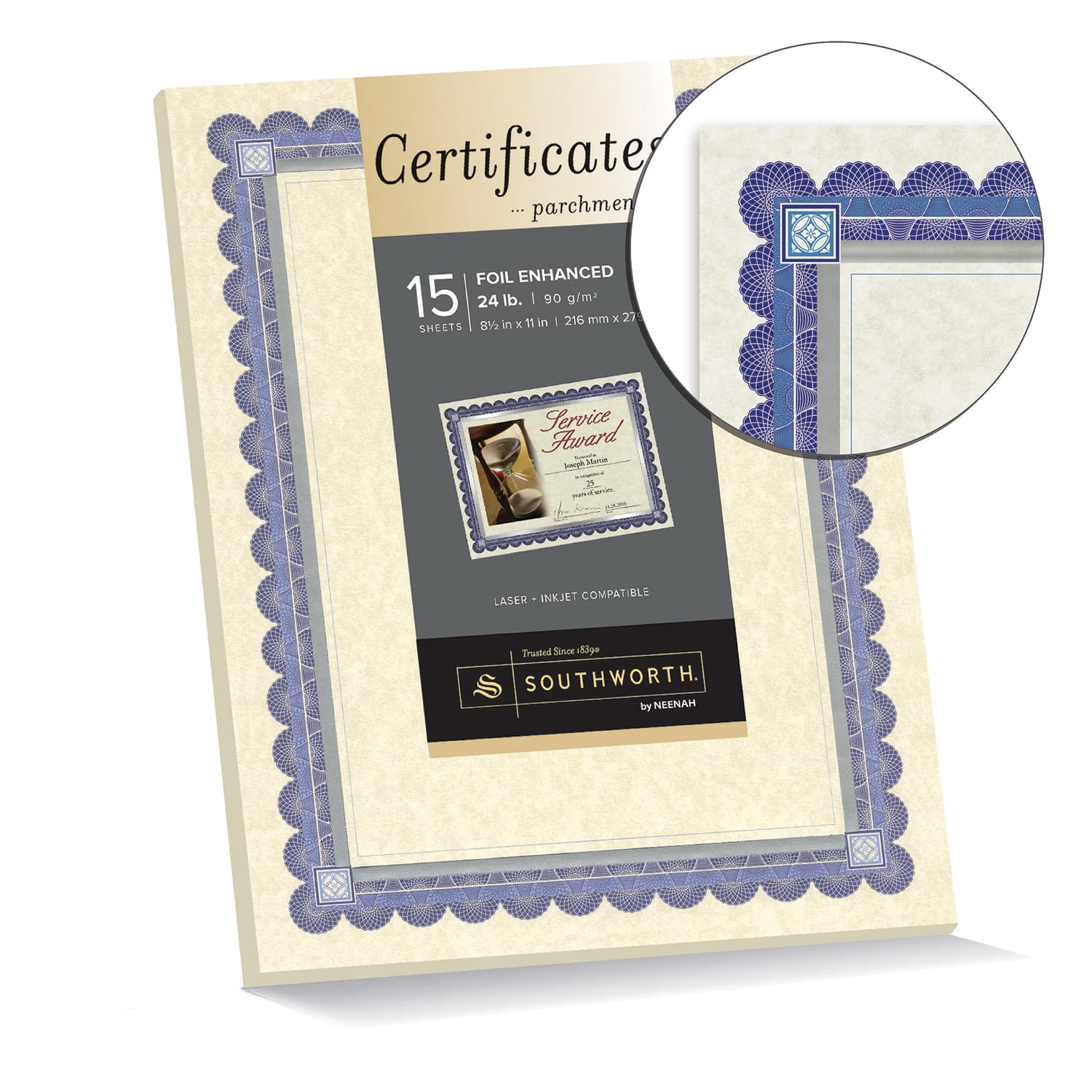 Southworth Foil Enhanced Preprinted Certificate Refills, 8 1/2in x 11in, Ivory/Silver/Blue, Pack Of 15 - Image 3
