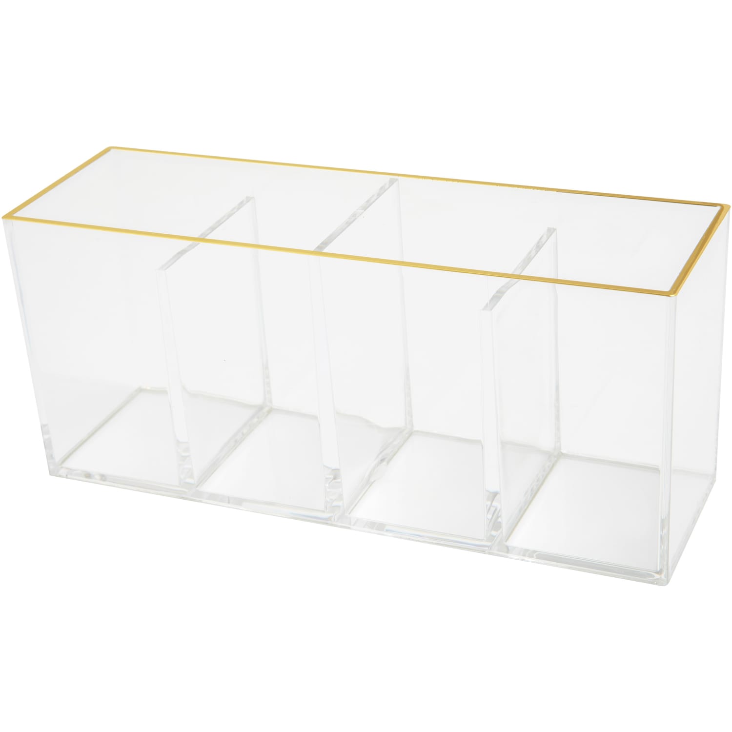 Martha Stewart Kerry Plastic 4-Compartment Pen Holder Office Desktop Organizer, 3-3/4inH x 2-3/4inW x 8-3/4inD, Clear/Gold Trim