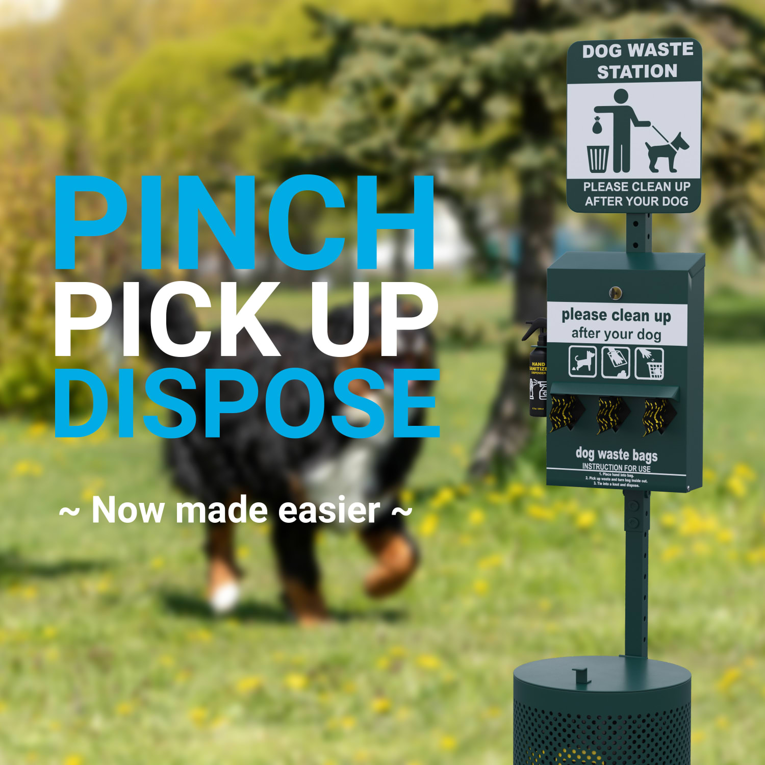 Flash Furniture Kessler Locking Dog Waste Bag Dispenser With Glow-In-The-Dark Sign, Hand Sanitizer Bottle, Rain Guard And 600 Pull-Out Header Bags, 16inH x 5inW x 12inD, Green - Image 3