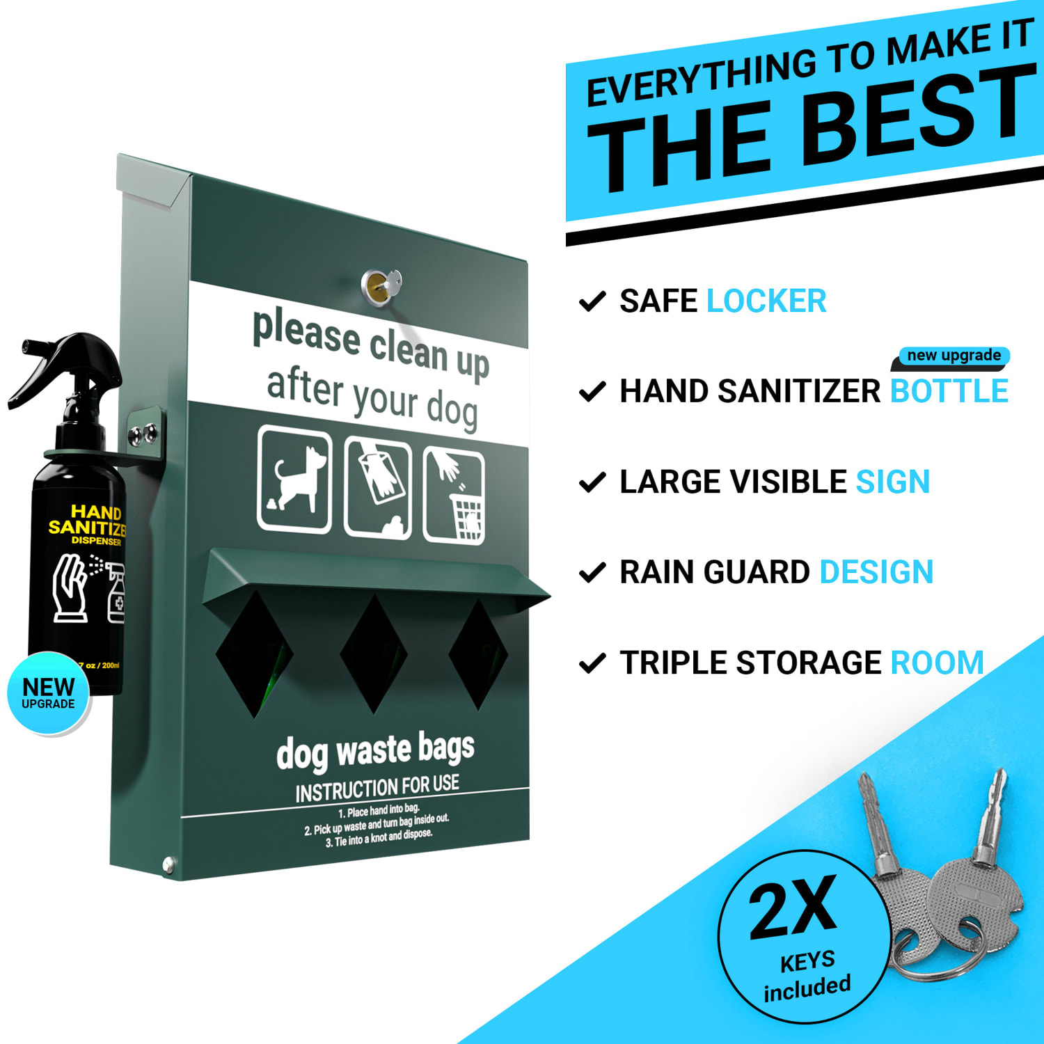 Flash Furniture Kessler Locking Dog Waste Bag Dispenser With Glow-In-The-Dark Sign, Hand Sanitizer Bottle, Rain Guard And 600 Pull-Out Header Bags, 16inH x 5inW x 12inD, Green - Image 6