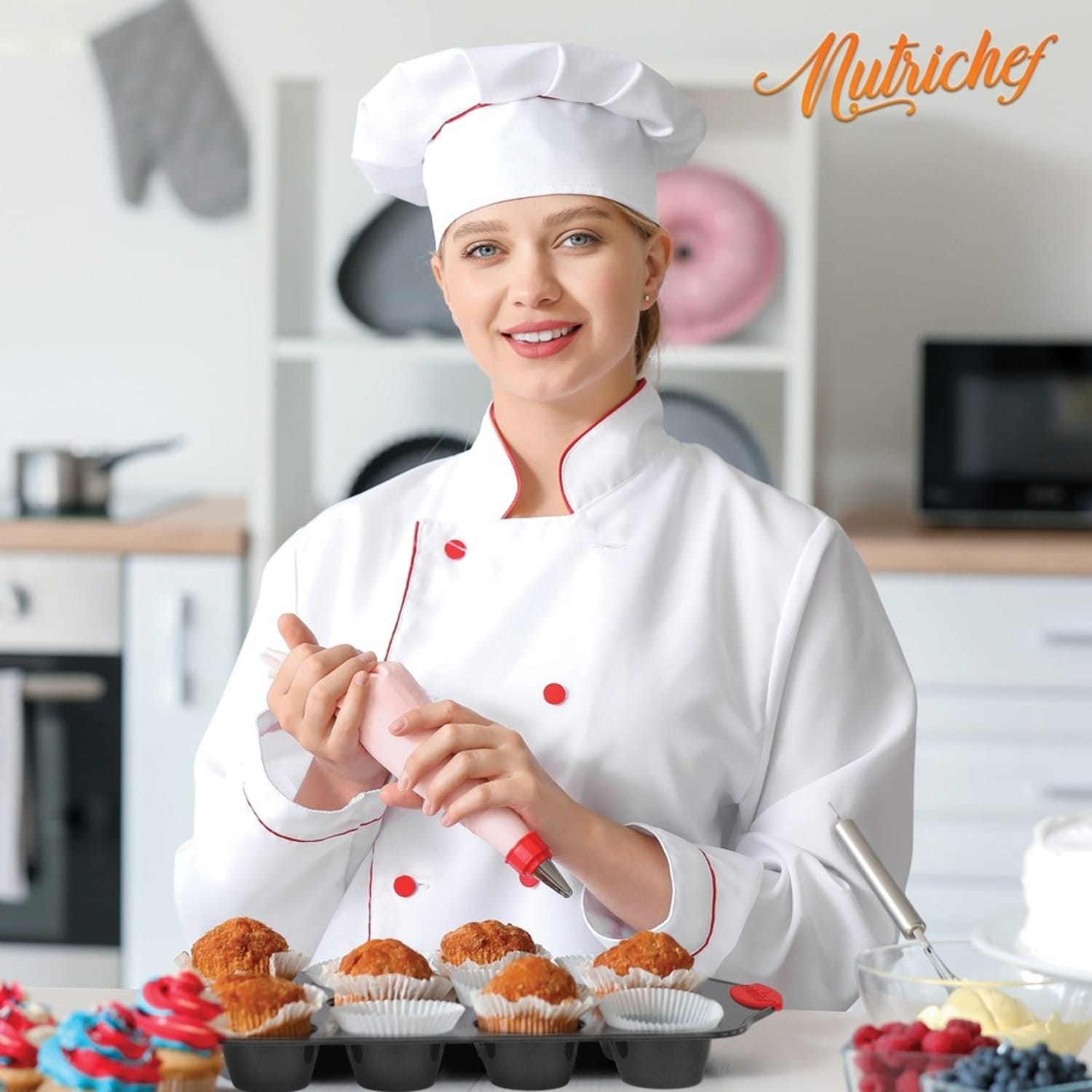 NutriChef 10-Piece Non-Stick Kitchen Oven Baking Pans - 10 Pieces - Baking, Cooking - Dishwasher Safe - Oven Safe - Red, Black - Carbon Steel Body - Silicone Handle - 1 Set - Image 5