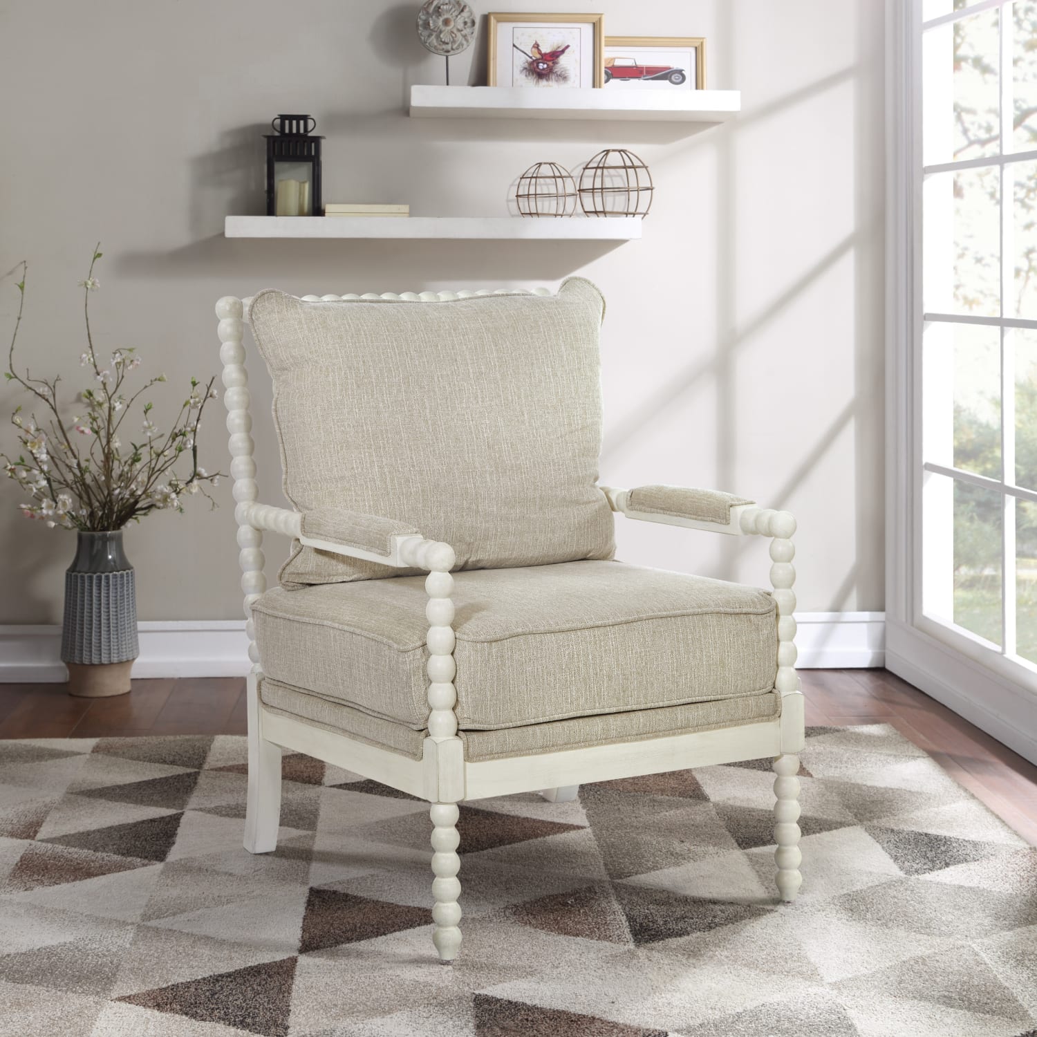 Office Star Kaylee Spindle Polyester Accent Chair Beige LinenAntique White PopularChairscom