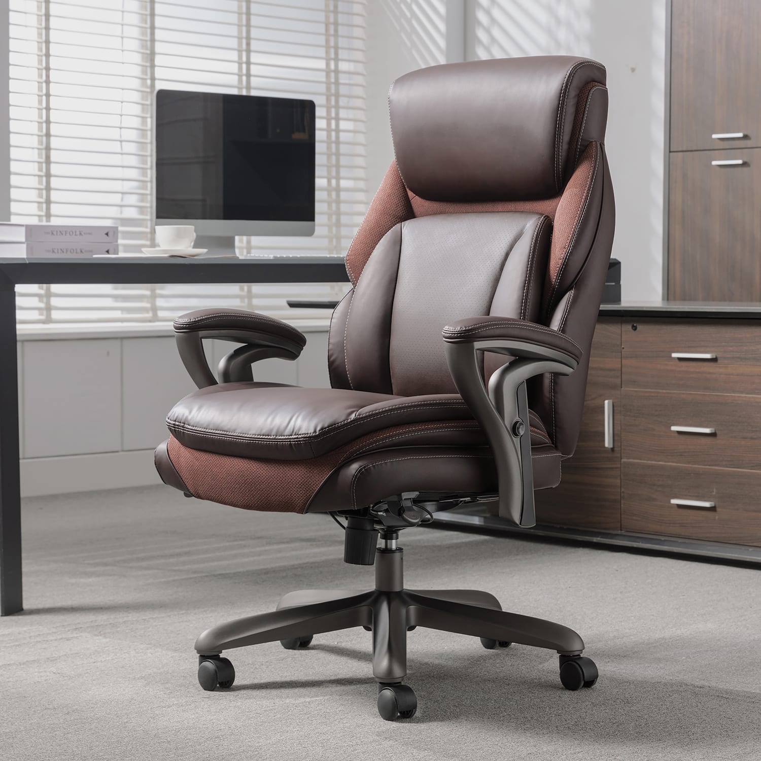 Serta SmartLayers Everett Big & Tall Ergonomic Vegan Leather High-Back Executive Office Chair, Dark Brown/Dark Gray