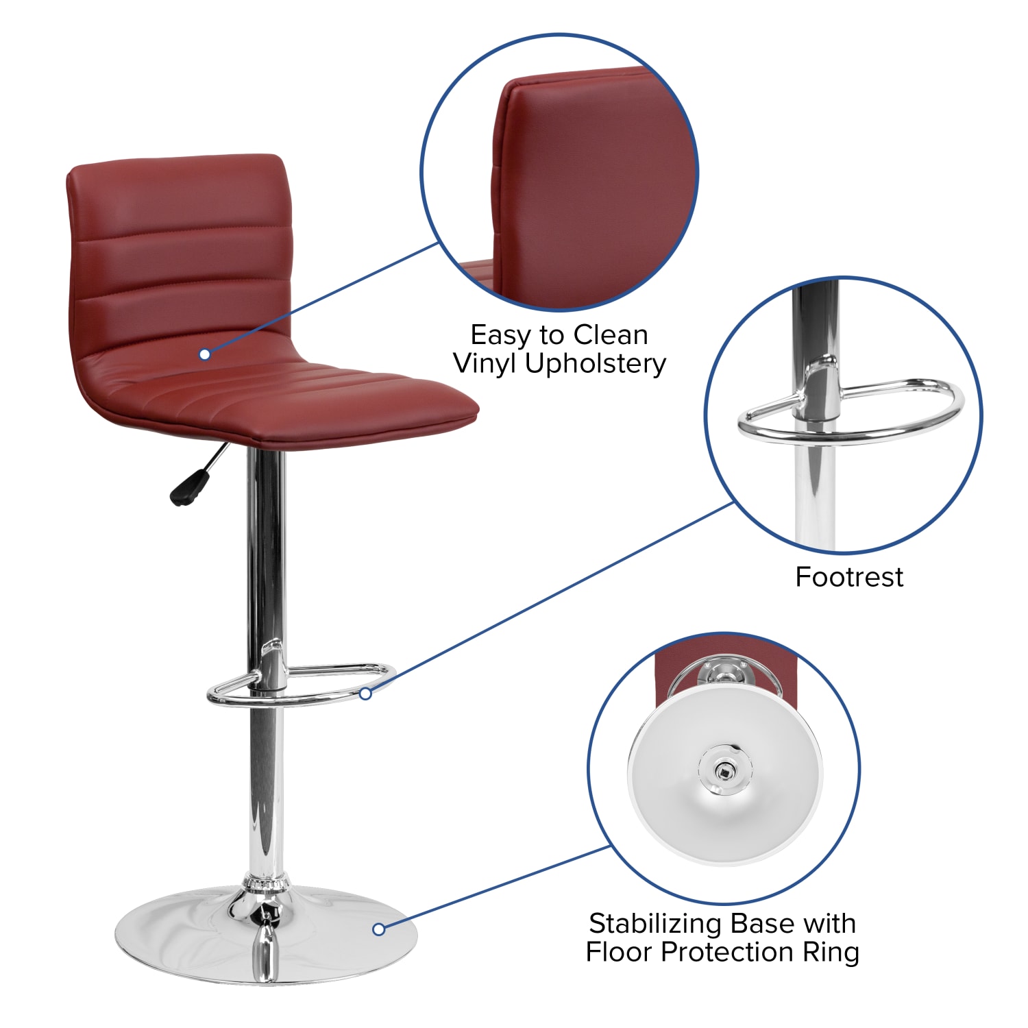 Flash Furniture Contemporary Adjustable Bar Stools, Burgundy Vinyl/Chrome Frame - Image 4
