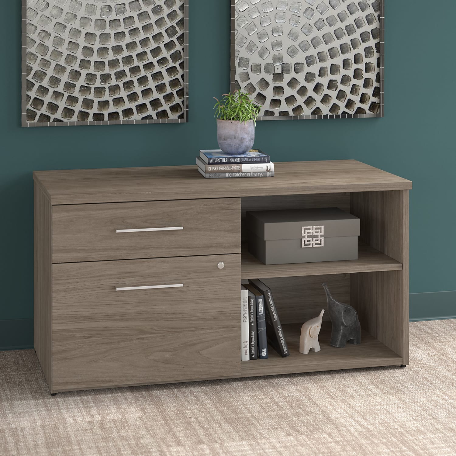 Bush Business Furniture Office 500 Low Storage Cabinet With Drawers And Shelves, Modern Hickory, Standard Delivery - Image 3