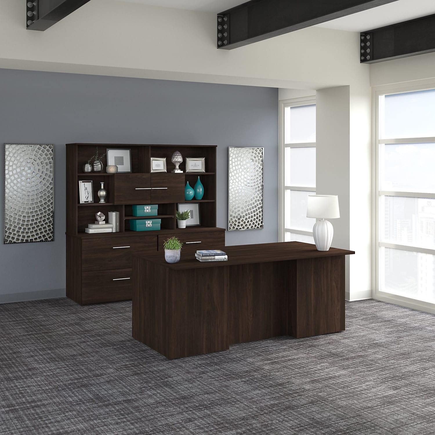 Bush Business Furniture Office 500 72inW Executive Computer Desk With Lateral File Cabinets And Hutch, Black Walnut, Standard Delivery - Image 3