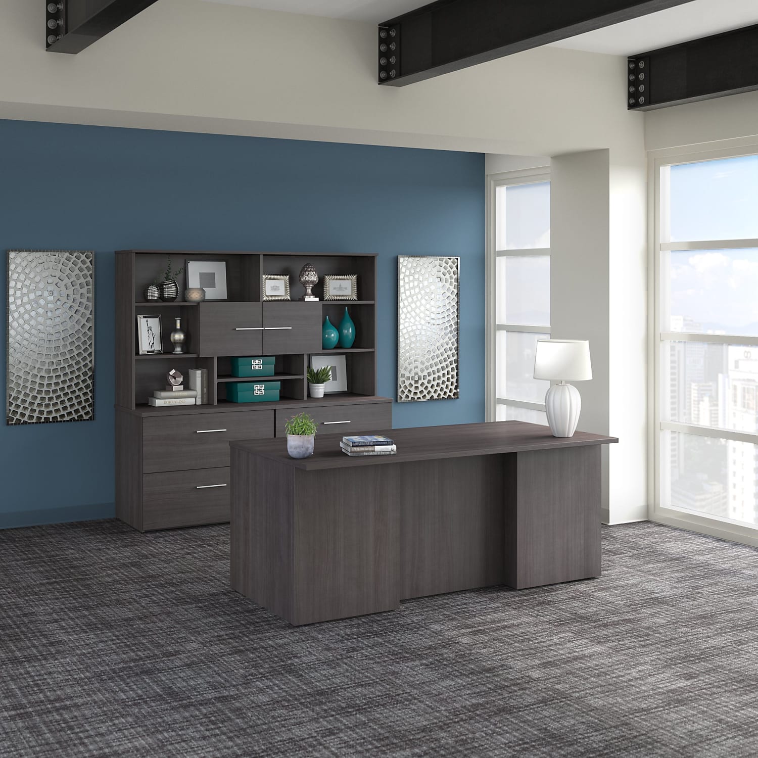 Bush Business Furniture Office 500 72inW Executive Computer Desk With Lateral File Cabinets And Hutch, Storm Gray, Standard Delivery - Image 3