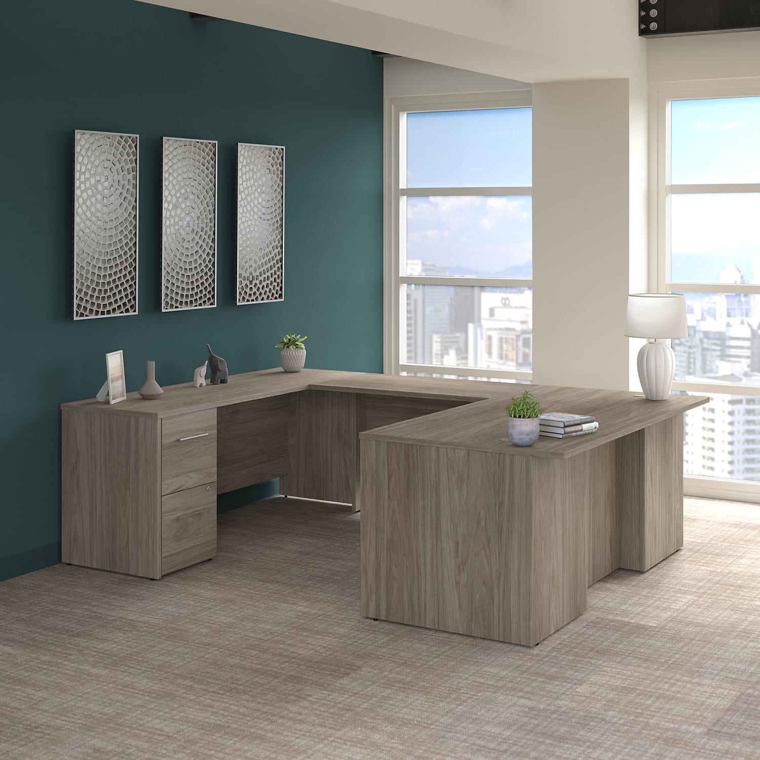 Bush Business Furniture Office 500 72inW U-Shaped Executive Corner Desk With Drawers, Modern Hickory, Standard Delivery - Image 3