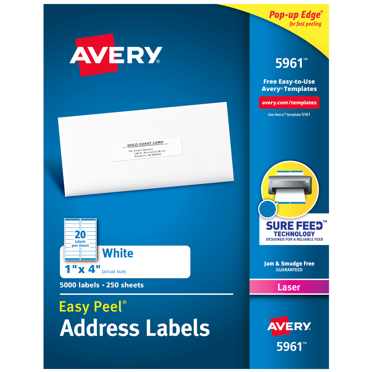 Avery Easy Peel Address Labels With Sure Feed Technology, 5961, Rectangle, 1in x 4in, Matte White, Box Of 5,000