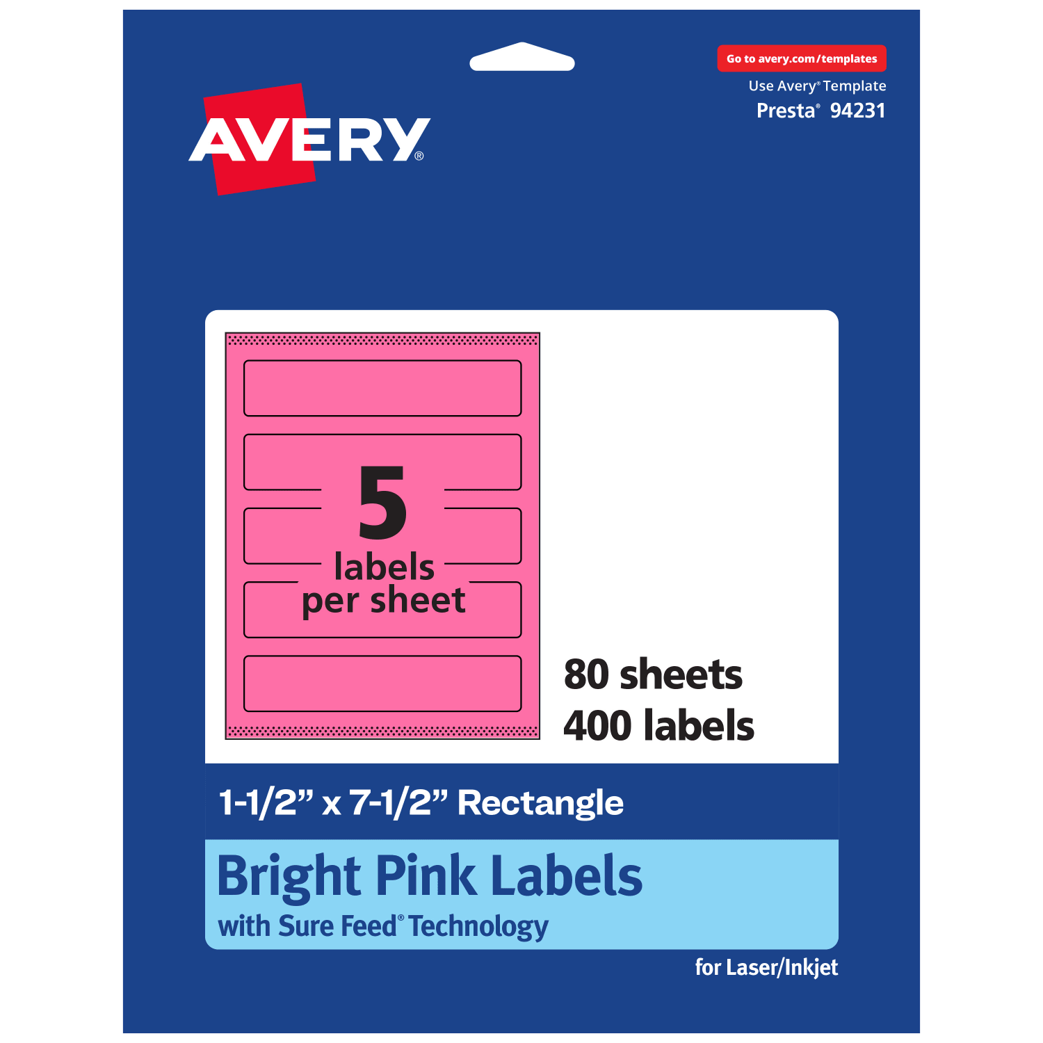 Avery Print-To-The-Edge Labels With Sure Feed Technology, 94231-BPP80, Rectangle, 1-1/2in x 7-1/2in, Matte Bright Pink, Pack of 400