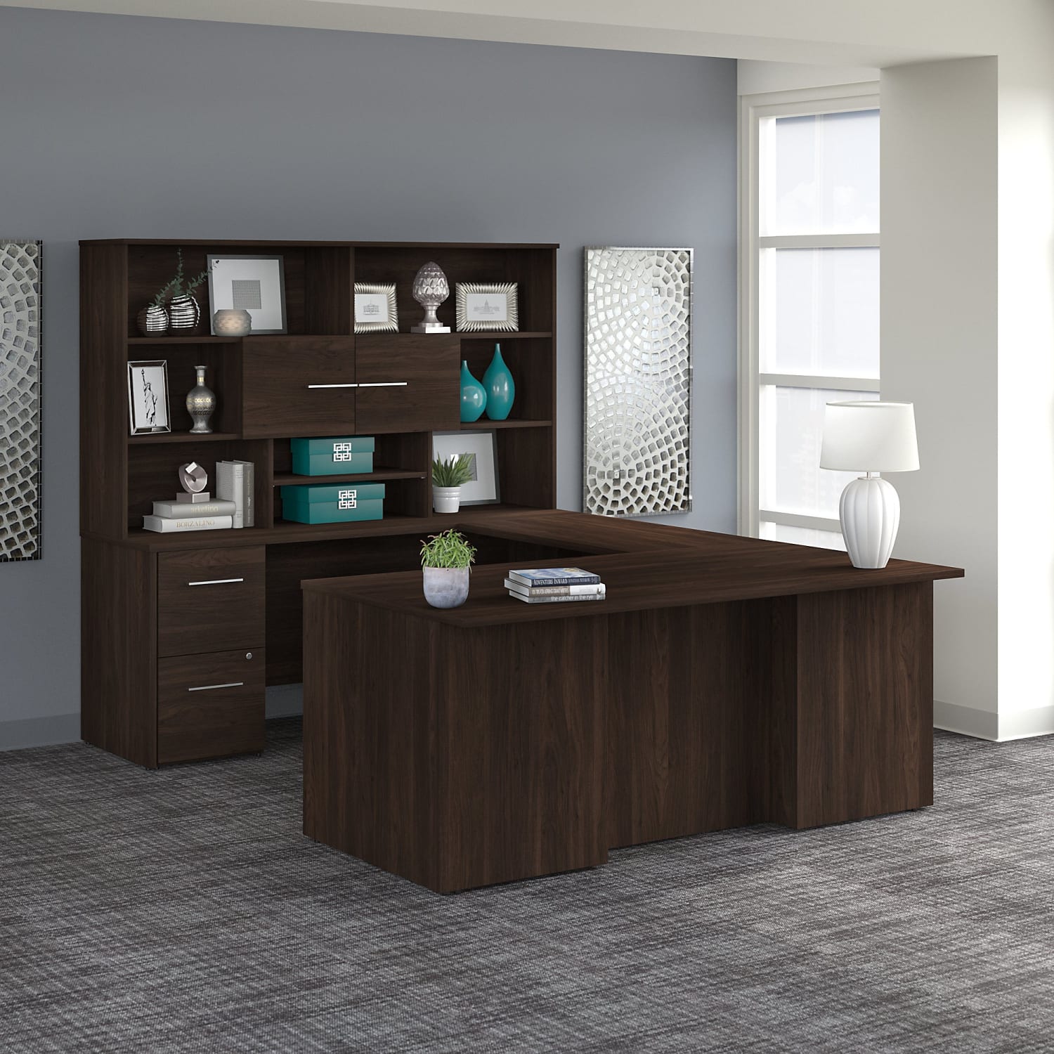 Bush Business Furniture Office 500 72inW U-Shaped Executive Corner Desk With Drawers And Hutch, Black Walnut, Standard Delivery - Image 3