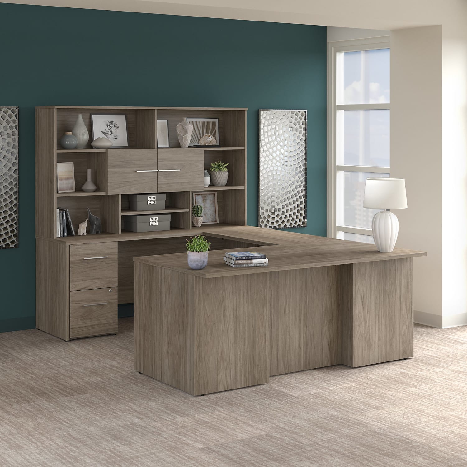 Bush Business Furniture Office 500 72inW U-Shaped Executive Corner Desk With Drawers And Hutch, Modern Hickory, Standard Delivery - Image 3