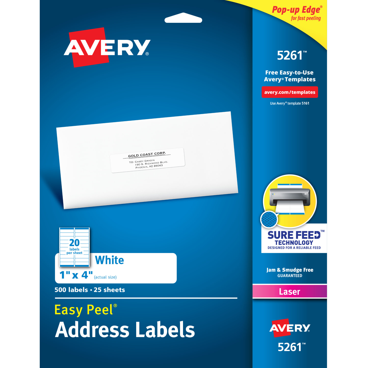Avery Easy Peel Address Labels With Sure Feed Technology, 5261, Rectangle, 1in x 4in, Matte White, Pack Of 500