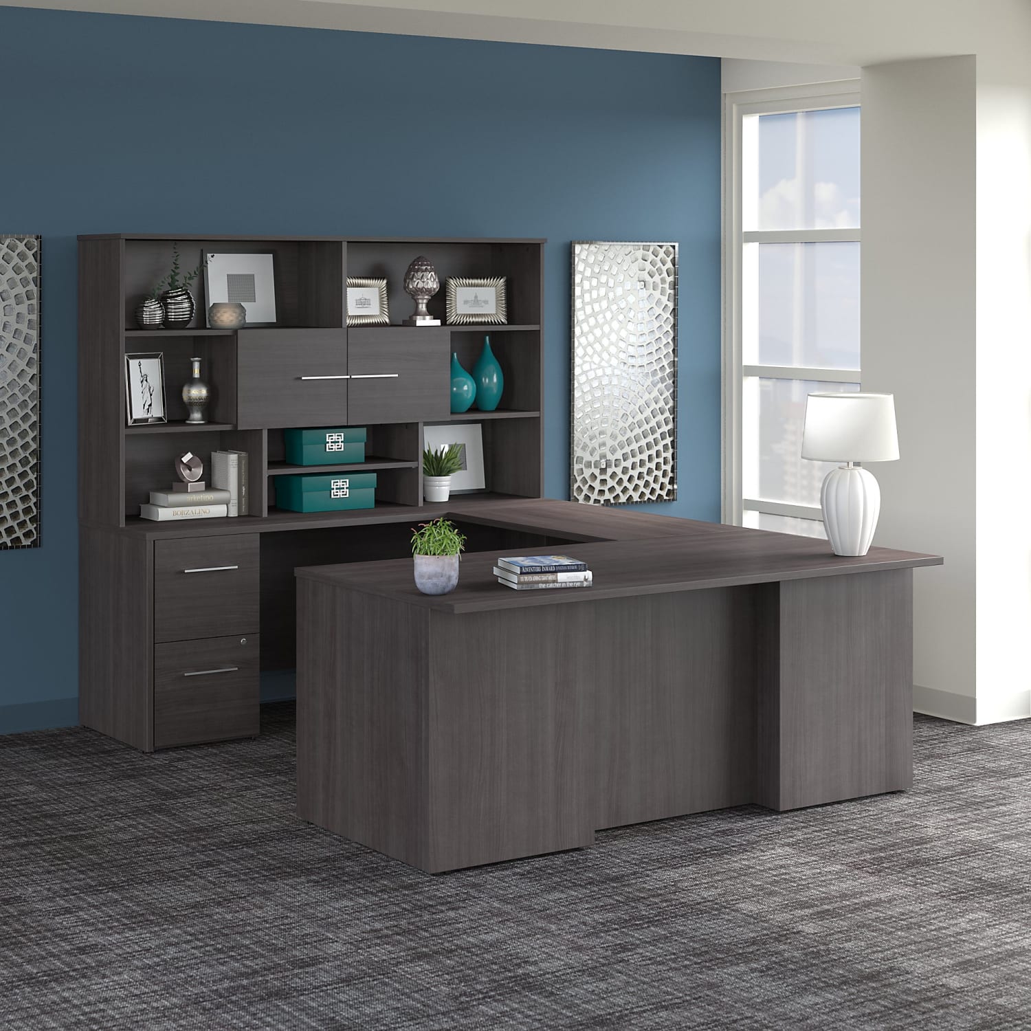 Bush Business Furniture Office 500 72inW U-Shaped Executive Corner Desk With Drawers And Hutch, Storm Gray, Standard Delivery - Image 3