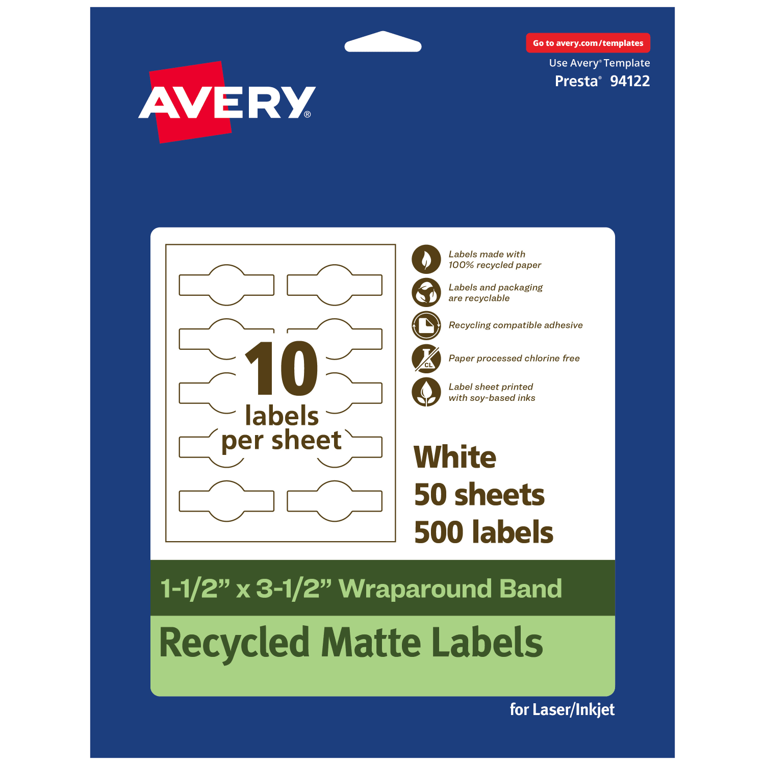 Avery Recycled Paper Labels, 94122-EWMP50, Cigar, 1-1/2in x 3-1/2in, White, Pack Of 500