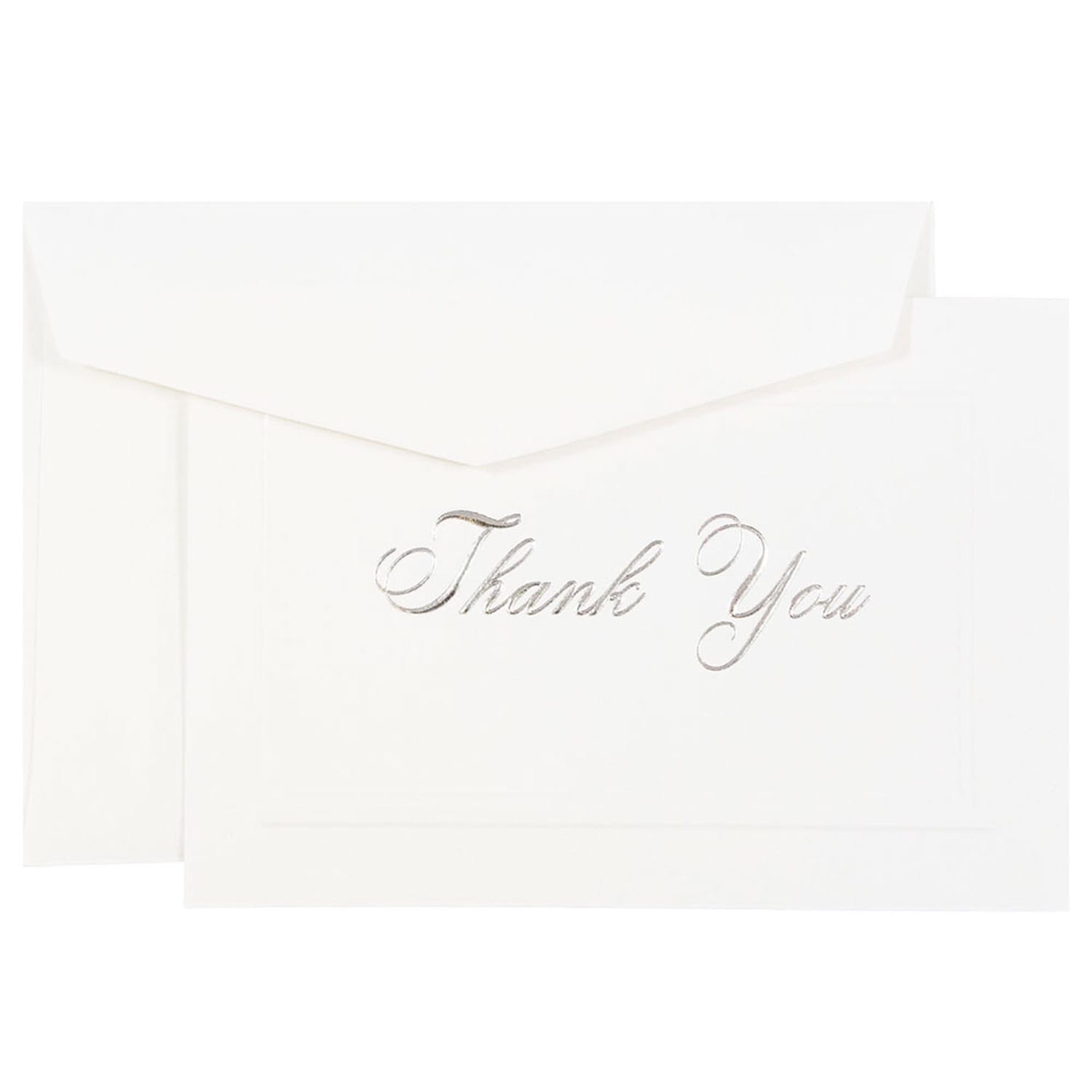 JAM Paper Thank You Card Set, 4 7/8in x 3 3/8in, 80 Lb, Bright White/Silver Script, Set Of 104 Cards And 100 Envelopes