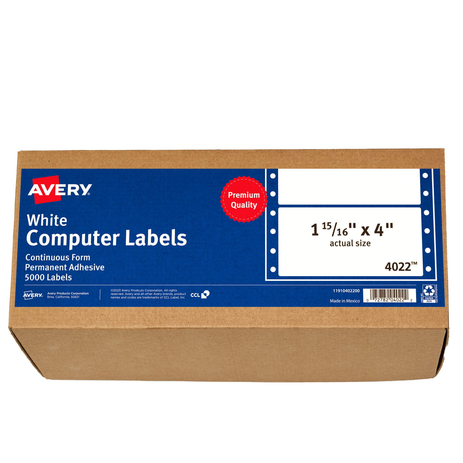 Avery Continuous Form Permanent Address Labels, 4022, Rectangle, 4in x 1 15/16in, White, Box Of 5,000