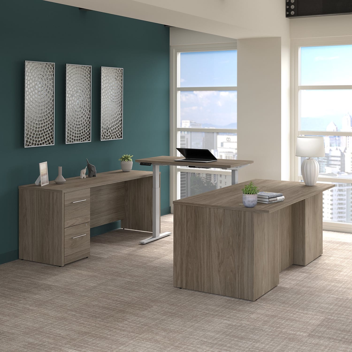 Bush Business Furniture Office 500 Electric Height-Adjustable U-Shaped Executive Desk With Drawers, 72inW, Modern Hickory, Standard Delivery - Image 3