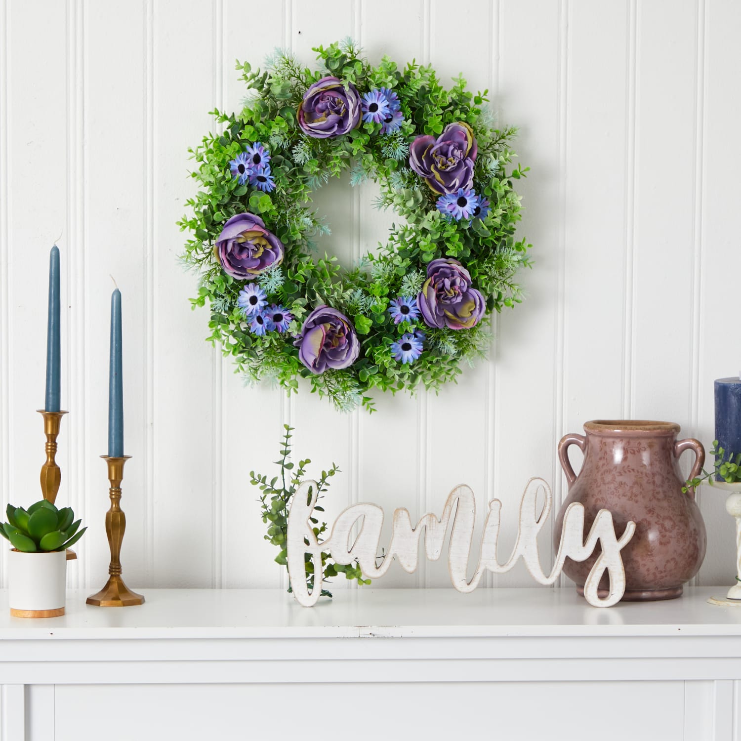 Nearly Natural Rose, Daisy and Greens 22inH Artificial Wreath, 22inH x 22inW x 5inD, Purple - Image 4