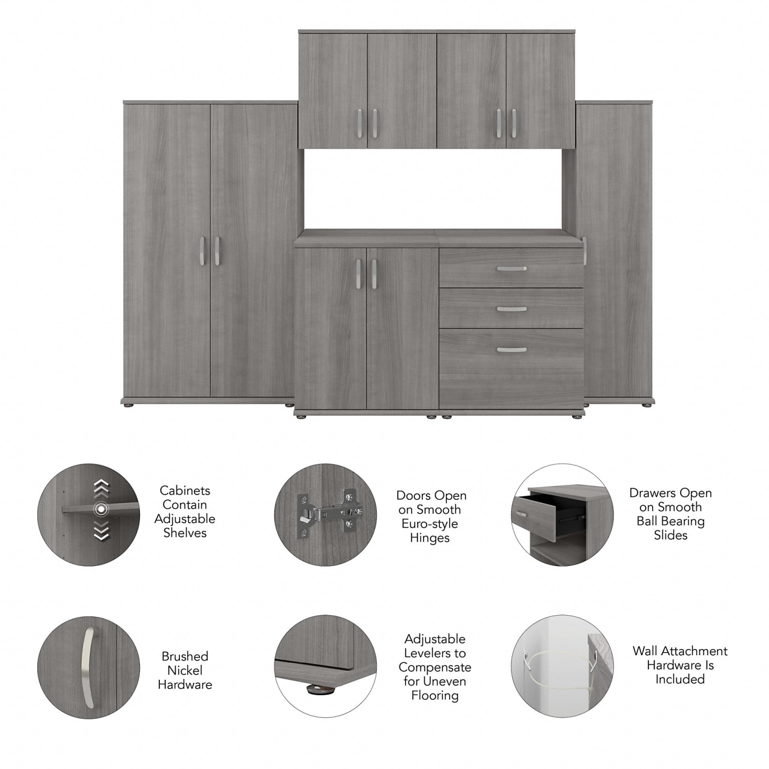 Bush Business Furniture Universal 108inW 6-Piece Modular Storage Set With Floor And Wall Cabinets, Platinum Gray, Standard Delivery - Image 4