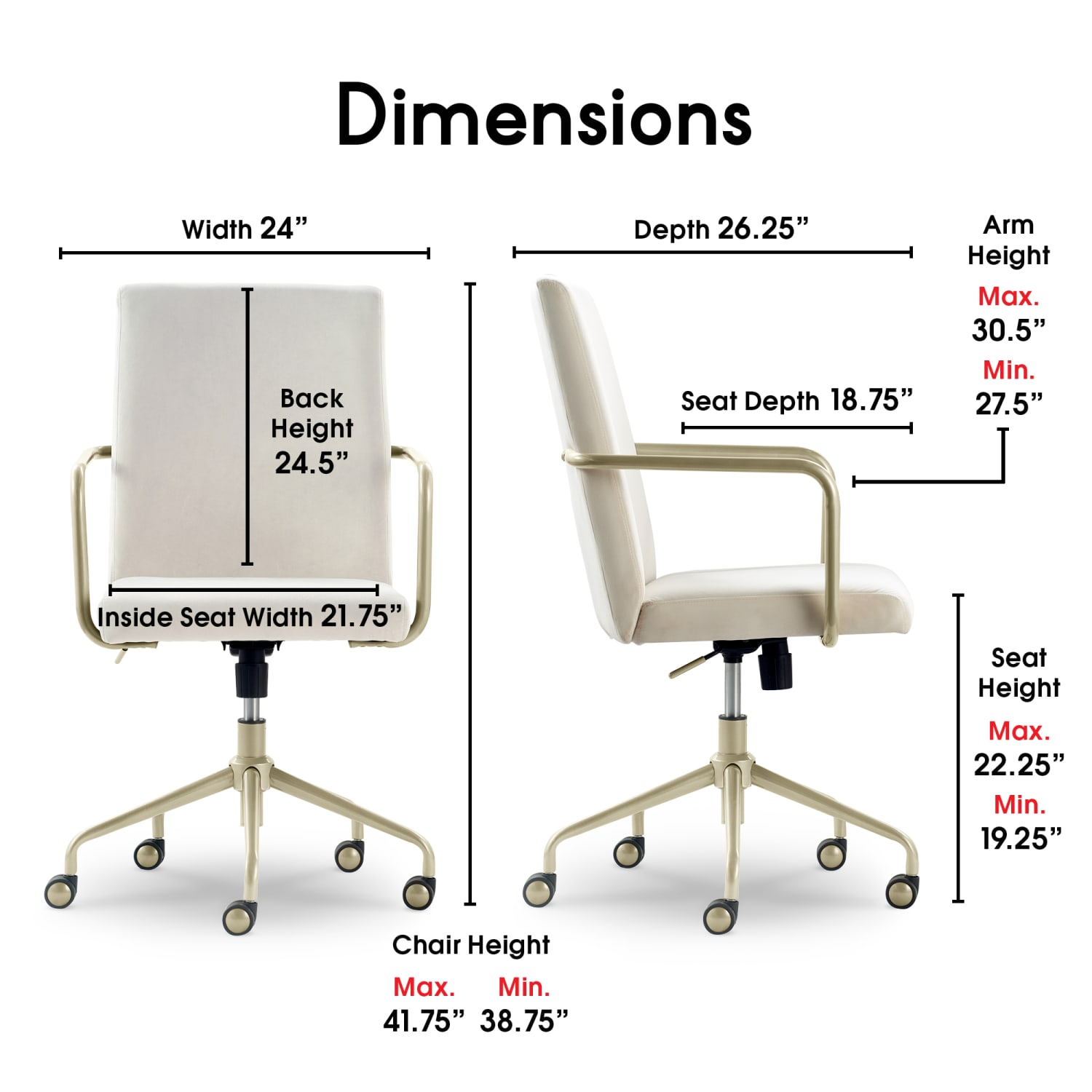 Elle Decor Giselle Modern Ergonomic Fabric Mid-Back Home Office Desk Chair, French Cream/Gold - Image 4
