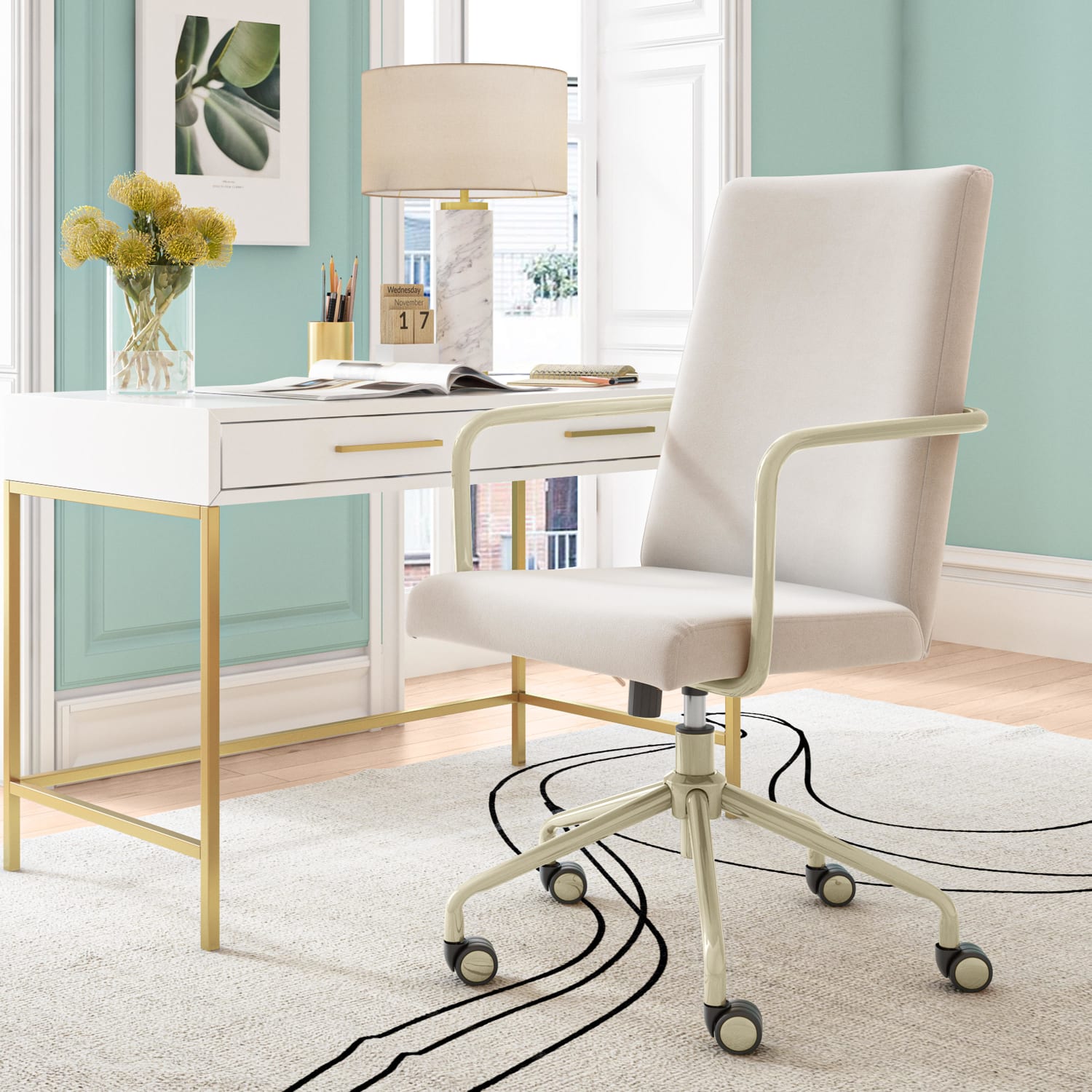 Elle Decor Giselle Modern Ergonomic Fabric Mid-Back Home Office Desk Chair, French Cream/Gold - Image 5