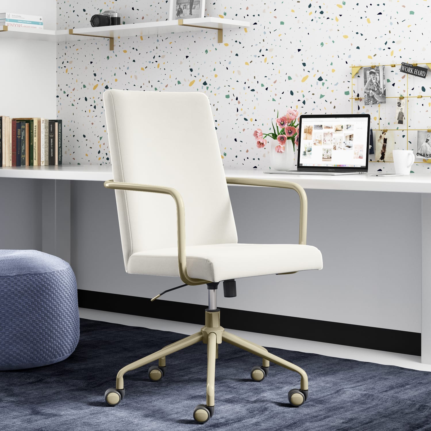 Elle Decor Giselle Modern Ergonomic Fabric Mid-Back Home Office Desk Chair, French Cream/Gold - Image 6