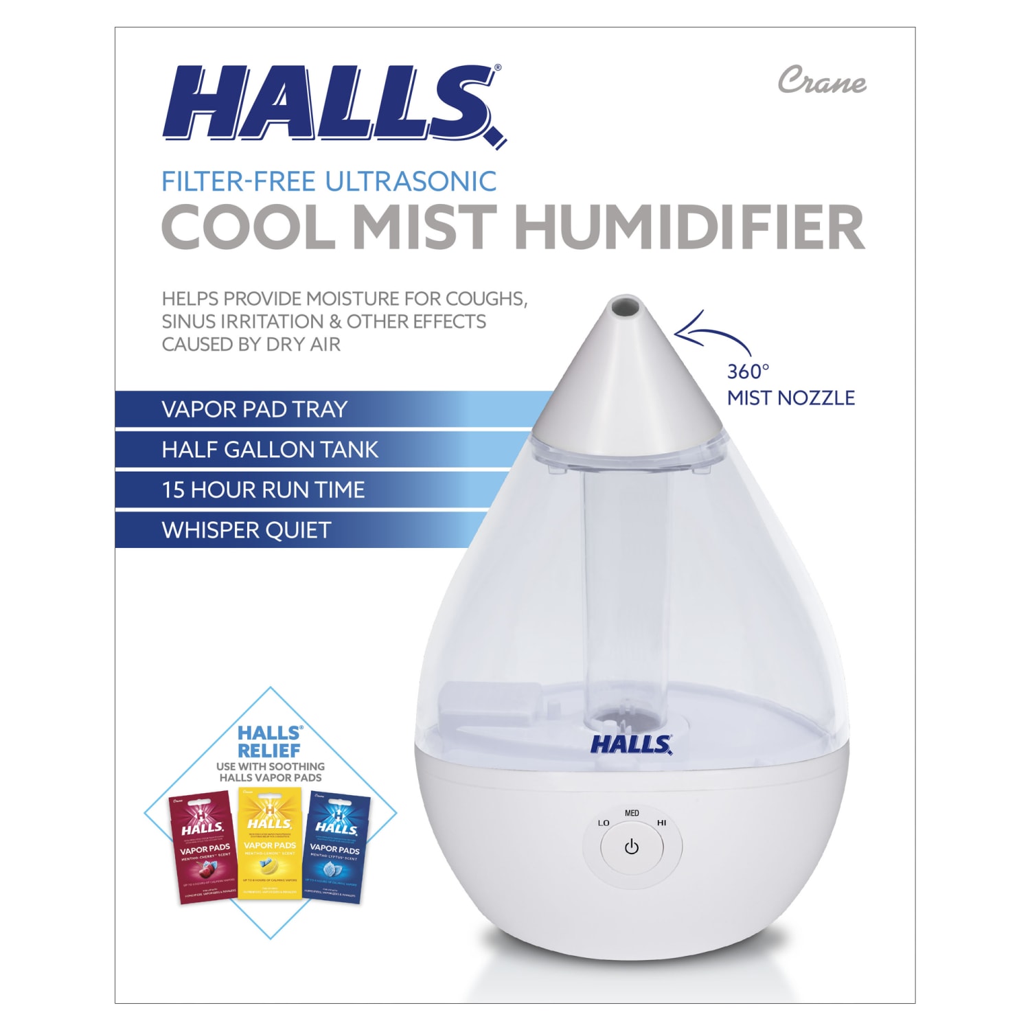 Crane x HALLS Droplet Cool Mist Humidifier, 0.5 Gallon, Clear/White - Image 6