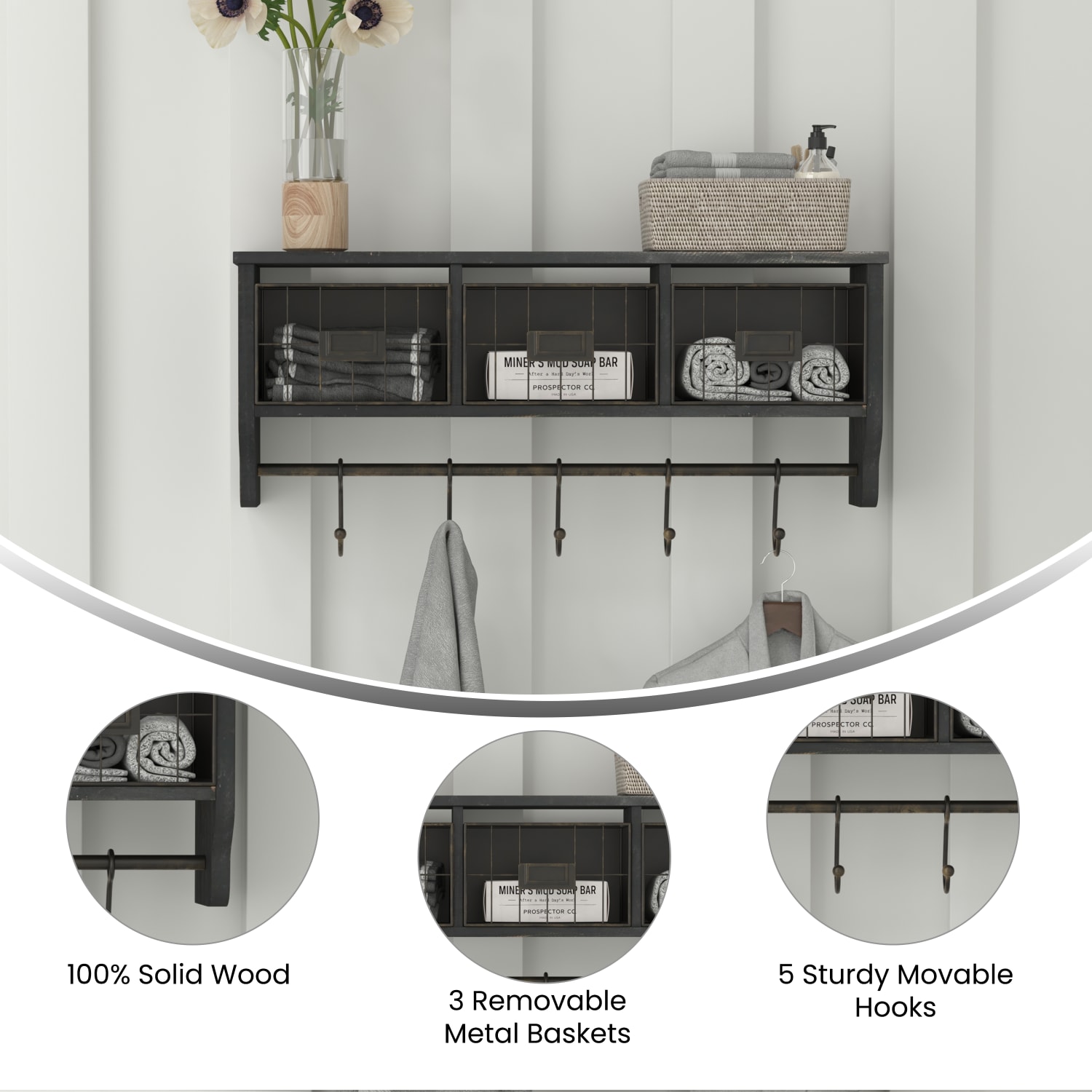 Flash Furniture Daly Wall-Mounted Solid Pine Wood Storage Rack, 9-1/4inH x 23-1/2inW x 5-1/2inD, Black Wash - Image 5