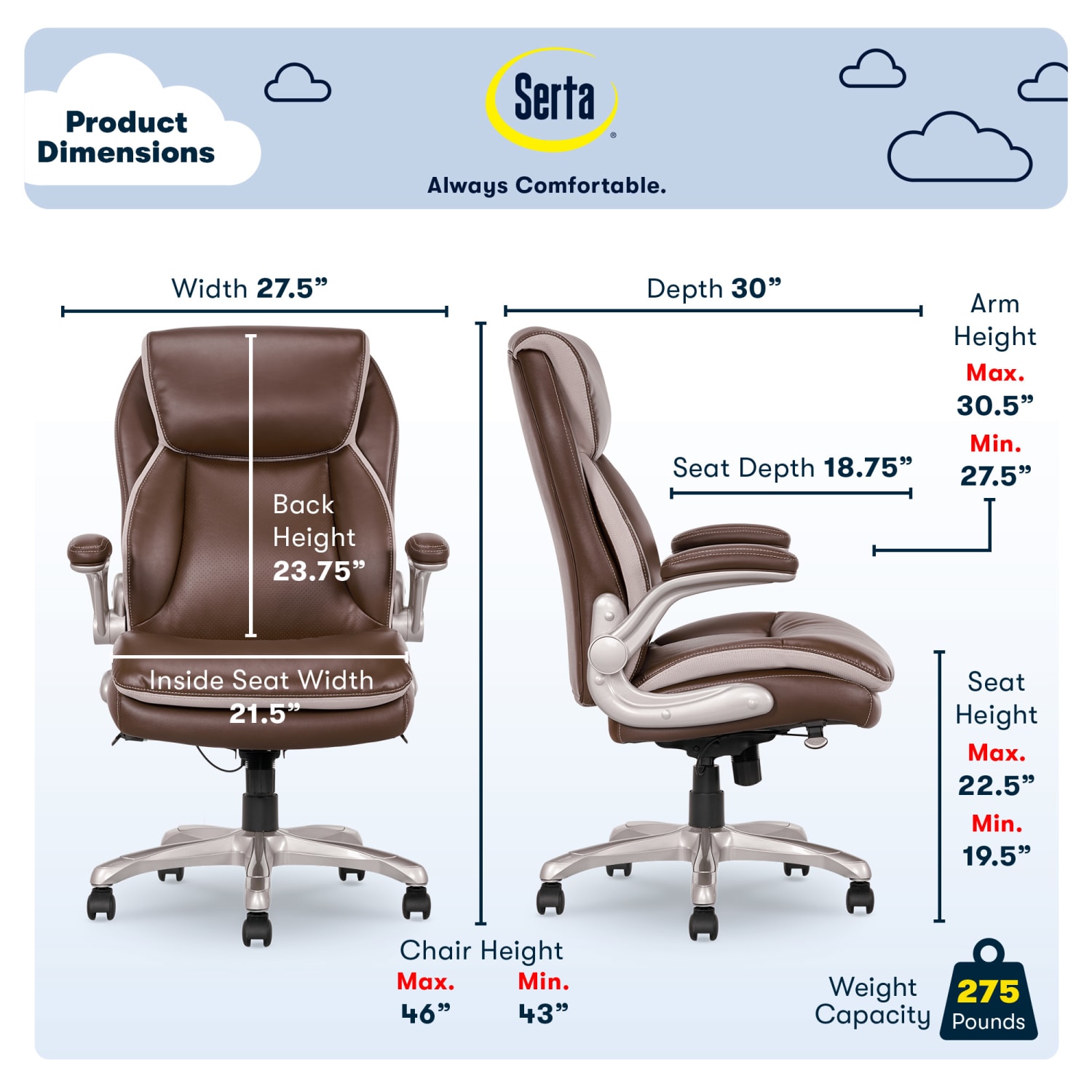 Serta Smart Layers Brinkley Ergonomic Bonded Leather High-Back Executive Office Chair, Brown/Silver - Image 3