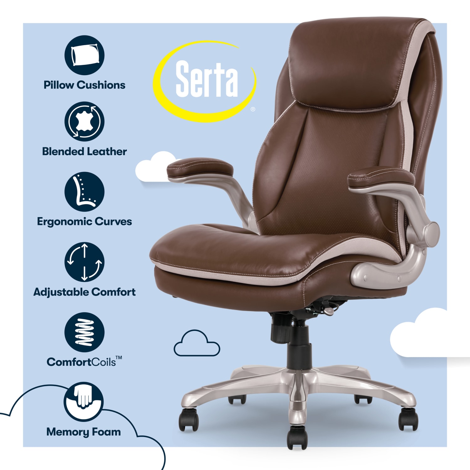 Serta Smart Layers Brinkley Ergonomic Bonded Leather High Back Executive Office Chair BrownSilver PopularChairscom