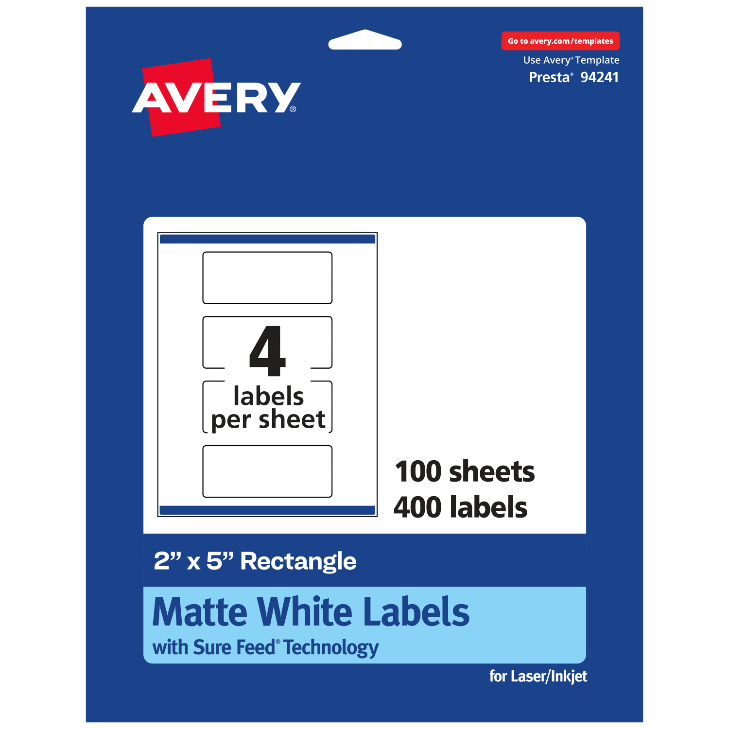 Avery Permanent Labels With Sure Feed, 94241-WMP100, Rectangle, 2in x 5in, White, Pack Of 400