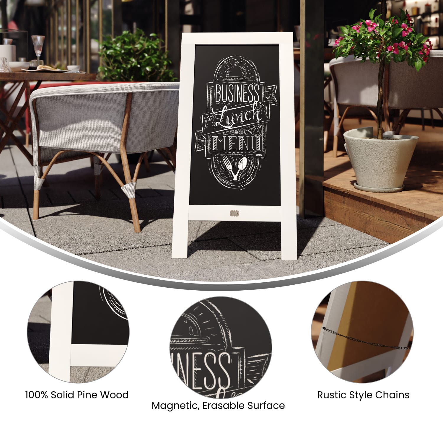 Flash Furniture Canterbury Wooden Indoor/Outdoor A-Frame Magnetic Chalkboard Sign Set, 20in x 40in, Solid White - Image 5