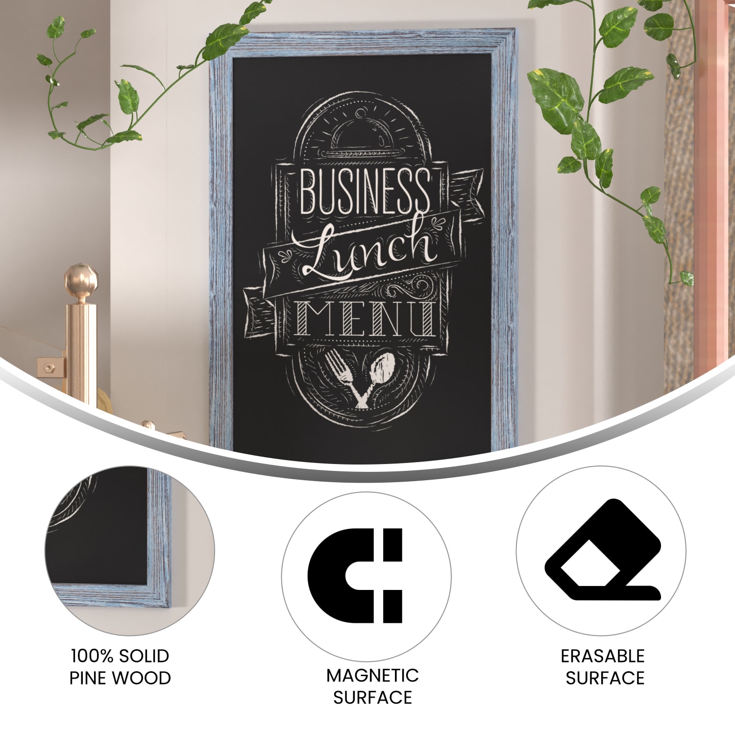 Flash Furniture Canterbury Wall-Mounted Magnetic Chalkboard Sign With Eraser, Porcelain Steel, 36inH x 24inW x 3/4inD, Blue Frame - Image 5